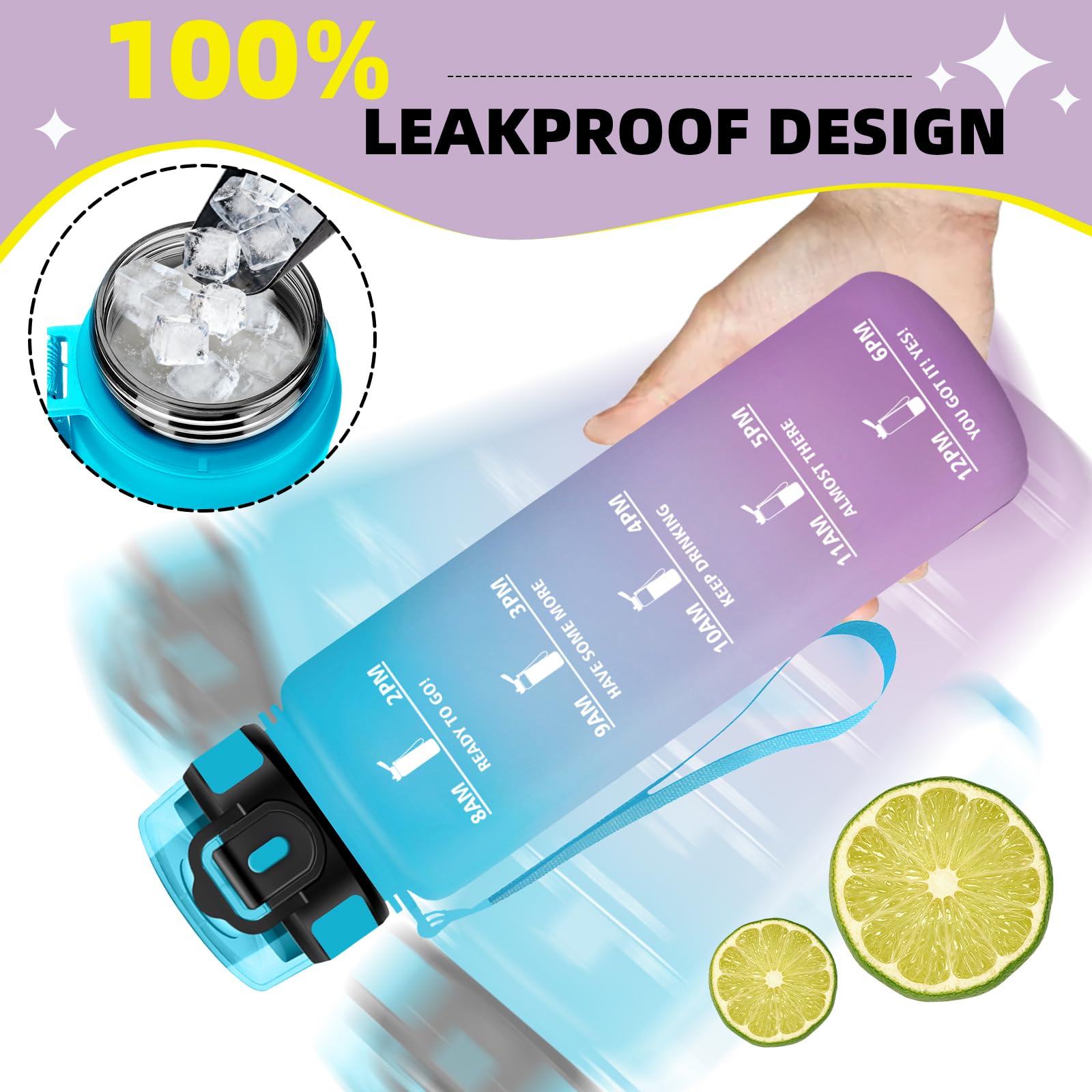 Mujigaga Gourde 1l, Anti Fuite Gourde Sport avec Marqueur de Temps, Facile à Nettoyer, Gourdes avec Paille, Verrou de Sécurité, Bouteille d'eau Motivationnelle pour Fitness, Bureau, Yoga, Extérieur - 4