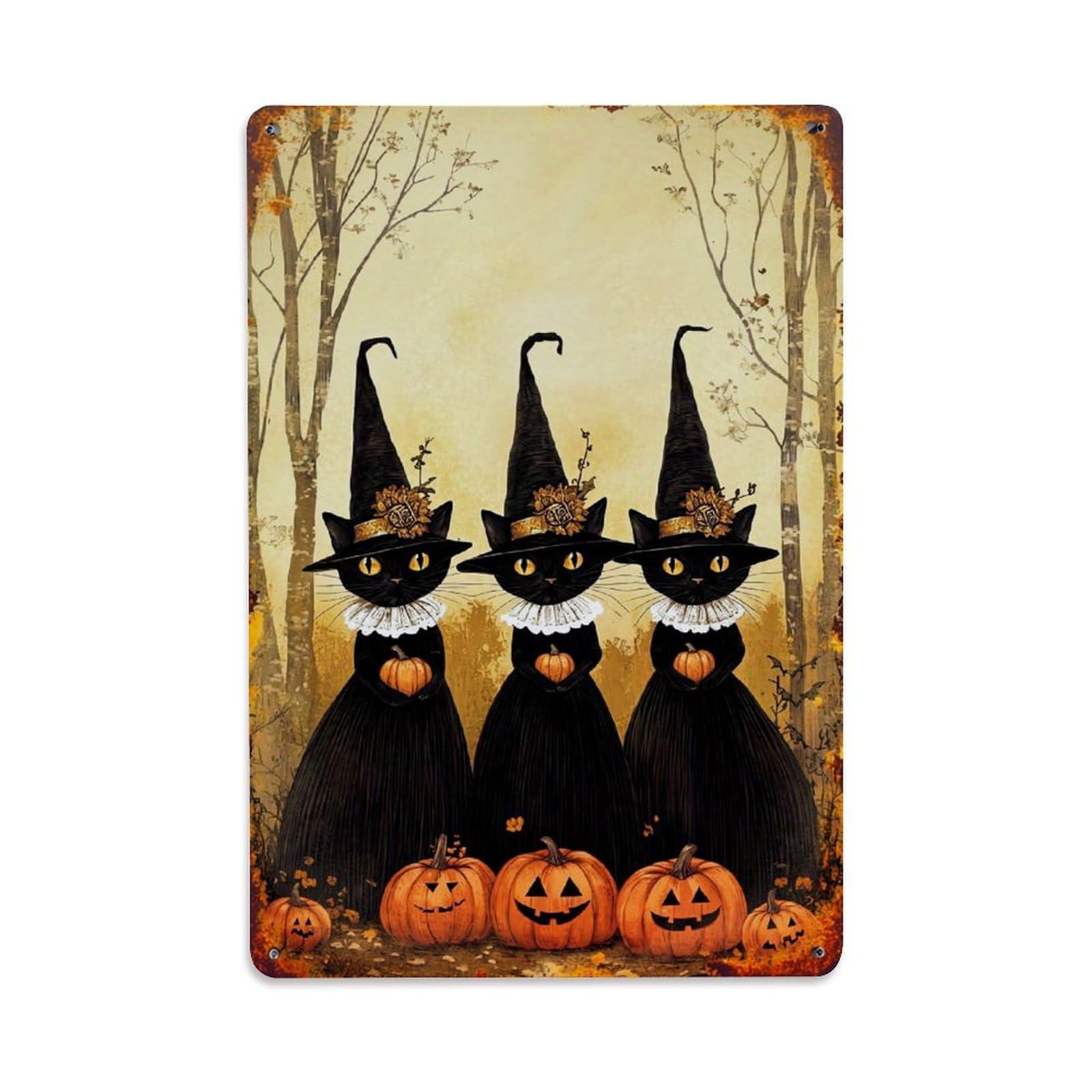 Witch Cats Pumpkins Forest Autumn Retro Metal Tin Sign, Vintage Decor Art Poster for Bar, Home, Man Cave, Kitchen, Laundry Room Gift 8x12Inch