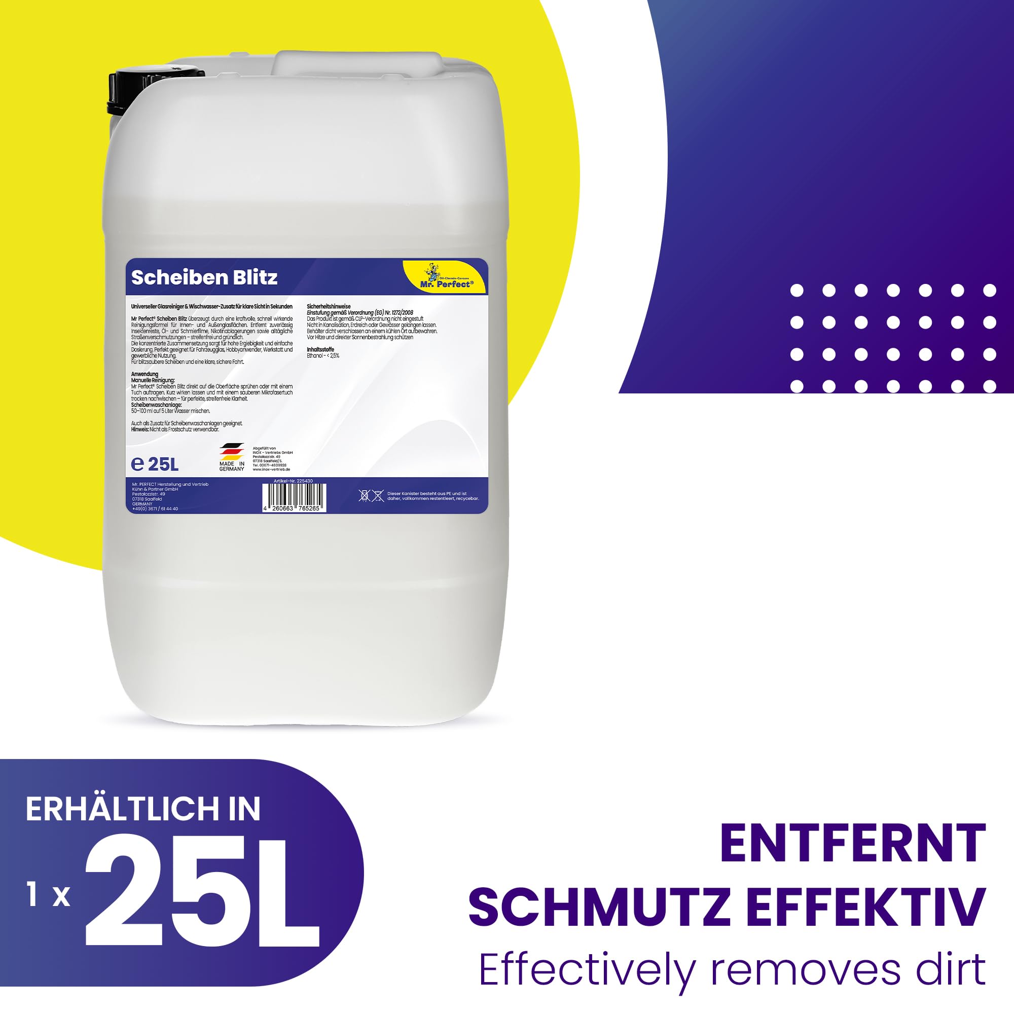 Mr. Perfect Scheiben Blitz 1 x 25 Liter | Leistungsstarker Auto Scheibenreiniger für streifenfrei klare Sicht | Auch als wirksamer Scheibenwischwasser Zusatz geeignet | Made in Germany