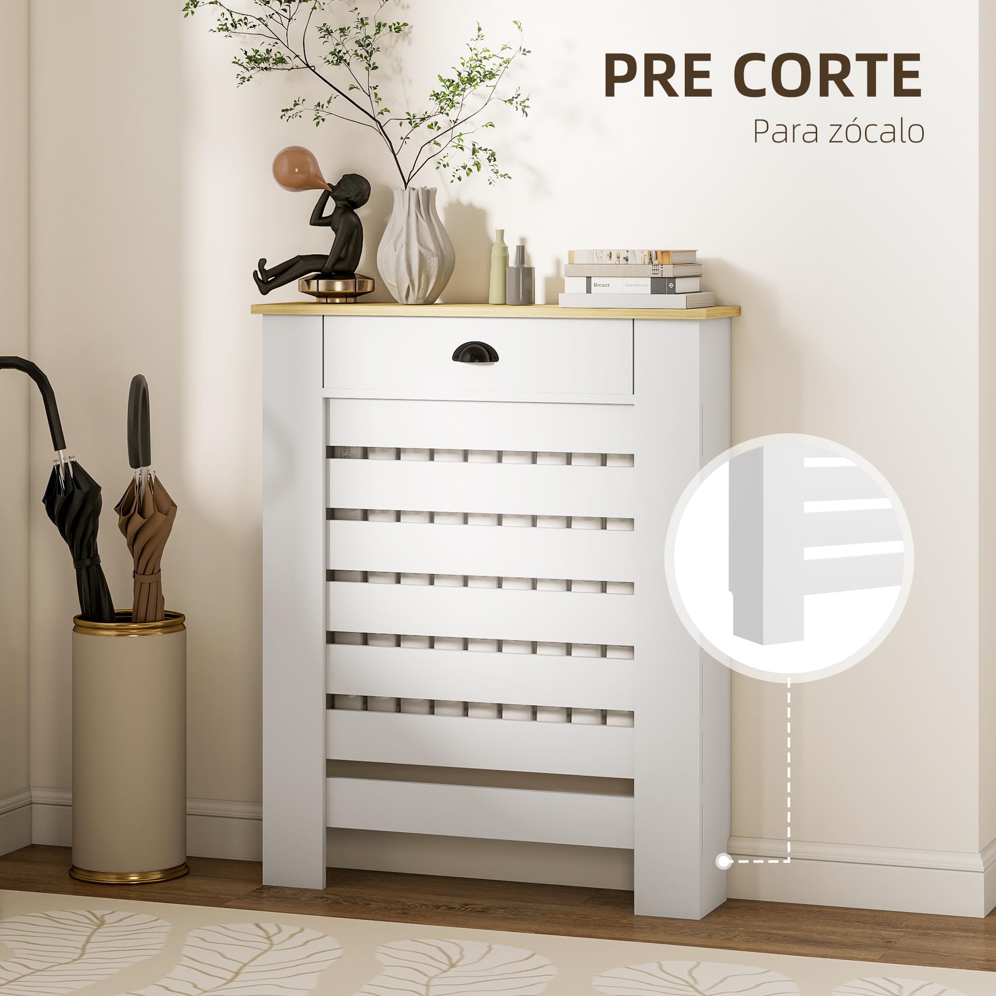 HOMCOM Cubre Radiadores con Cajón, Cubreradiador de MDF, 78x19x95,5 cm, Cubierta para Radiador, Diseño Moderno de Listones, para Salón, Dormitorio, Blanco