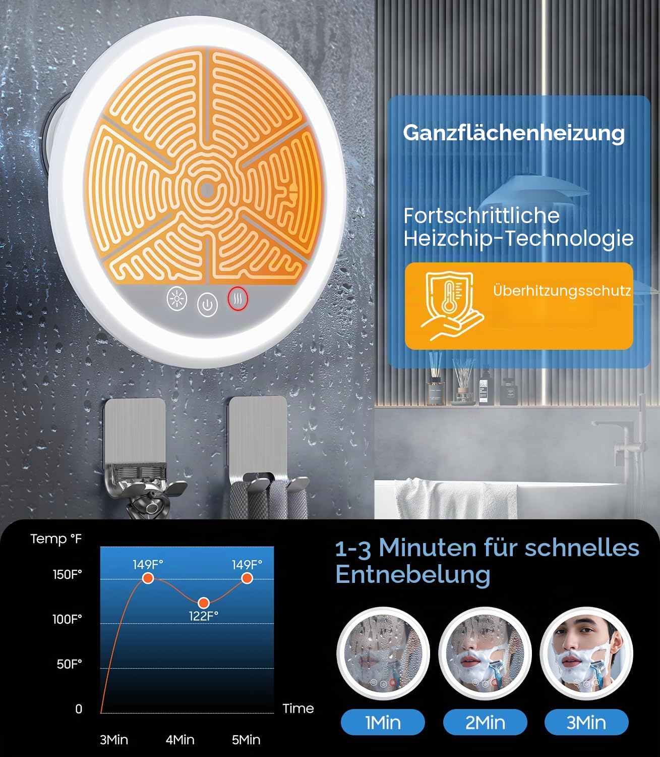 Gospire Beheizter Duschspiegel, beschlagfrei, mit Licht, 5000 mAh Akku, 360° drehbar, 21,1 cm großer Anti-Beschlag-Rasierspiegel mit 3 Farben, stufenlos, dimmbar, inklusive 2 Klebehaken, 3 Stück