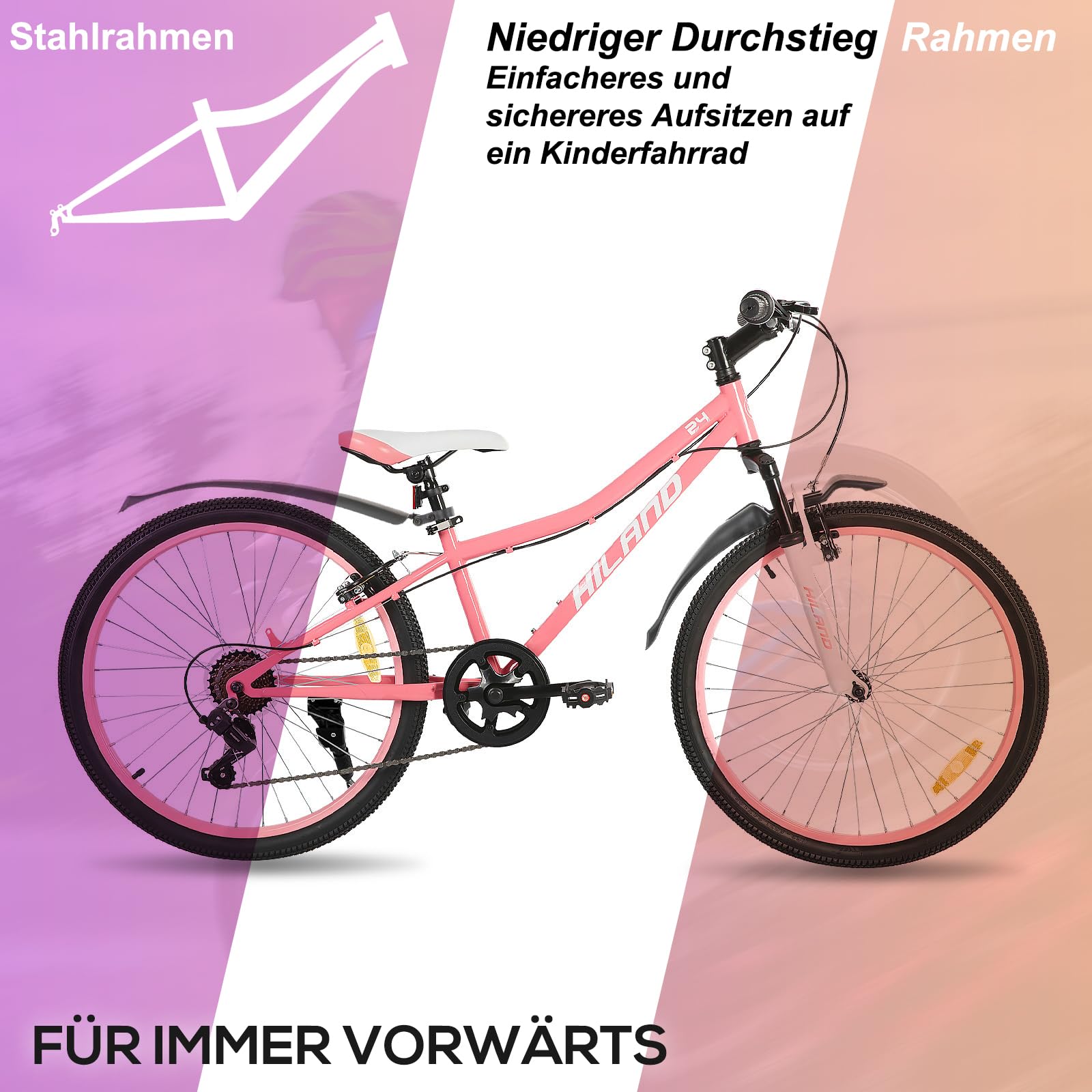 HILAND Climber 24 Zoll Kinderfahrrad, Kinder Mountainbike für Jungen Mädchen mit Federgabel 7 Gang, Kinder MTB mit V-Bremsen, Schwarz/Blau/Mintgrün/Rosa