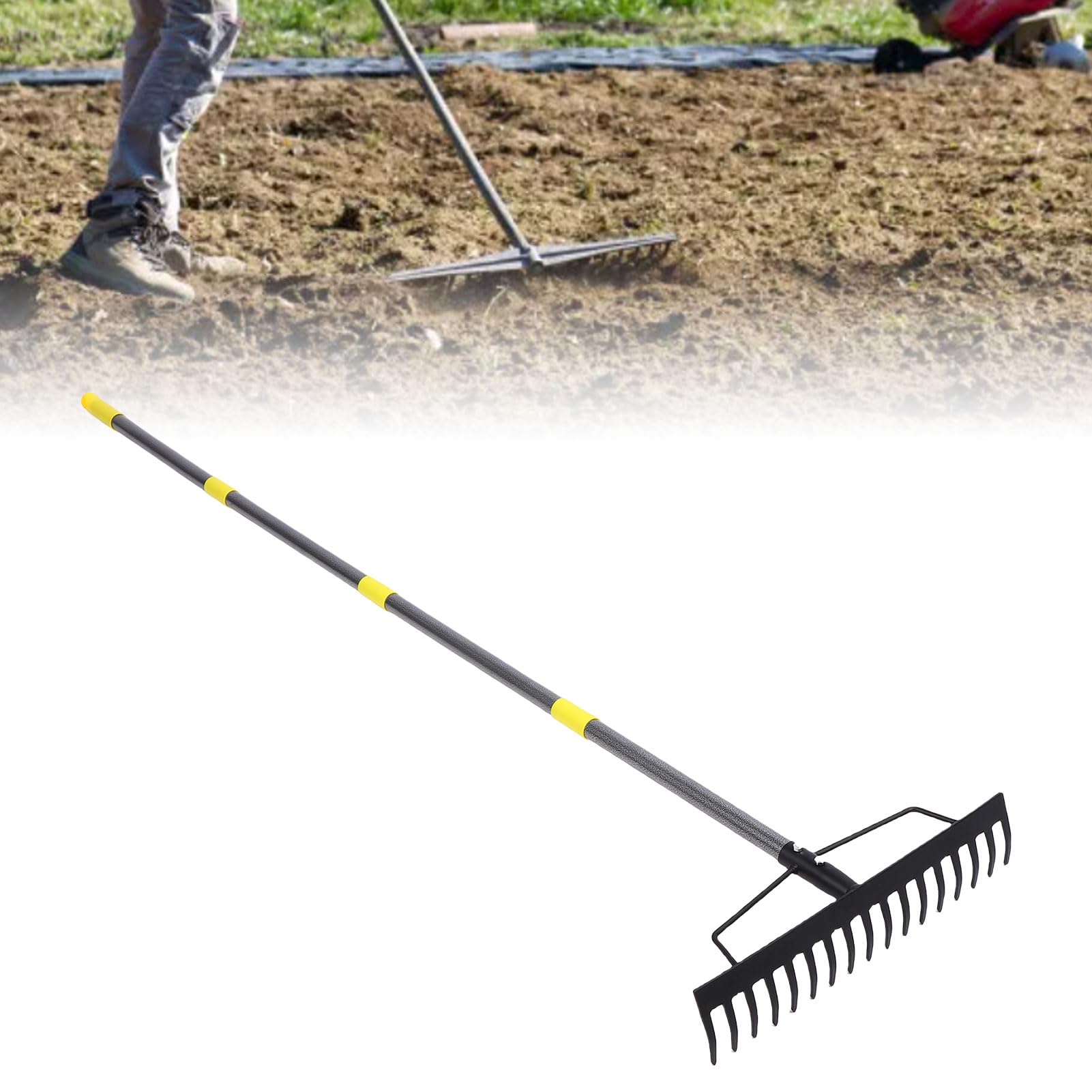 Asixxsix Gartenrechen, 16-Zinken-Bogenrechen aus Metall, Rasenrechen mit Verstellbarem Edelstahlgriff Zum Lösen des Bodens, Nivellierung von Mulch und Sammeln von Blättern