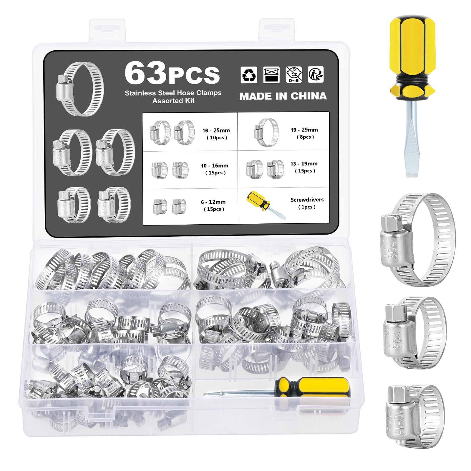 Edelstahl Schlauchschellen Einstellbare Schneckengetriebe Schlauchschellen Kraftstoffleitung Schlauchschelle für Wasserleitung Automobil Mechanische Anwendung (63PCS, 6-29mm)