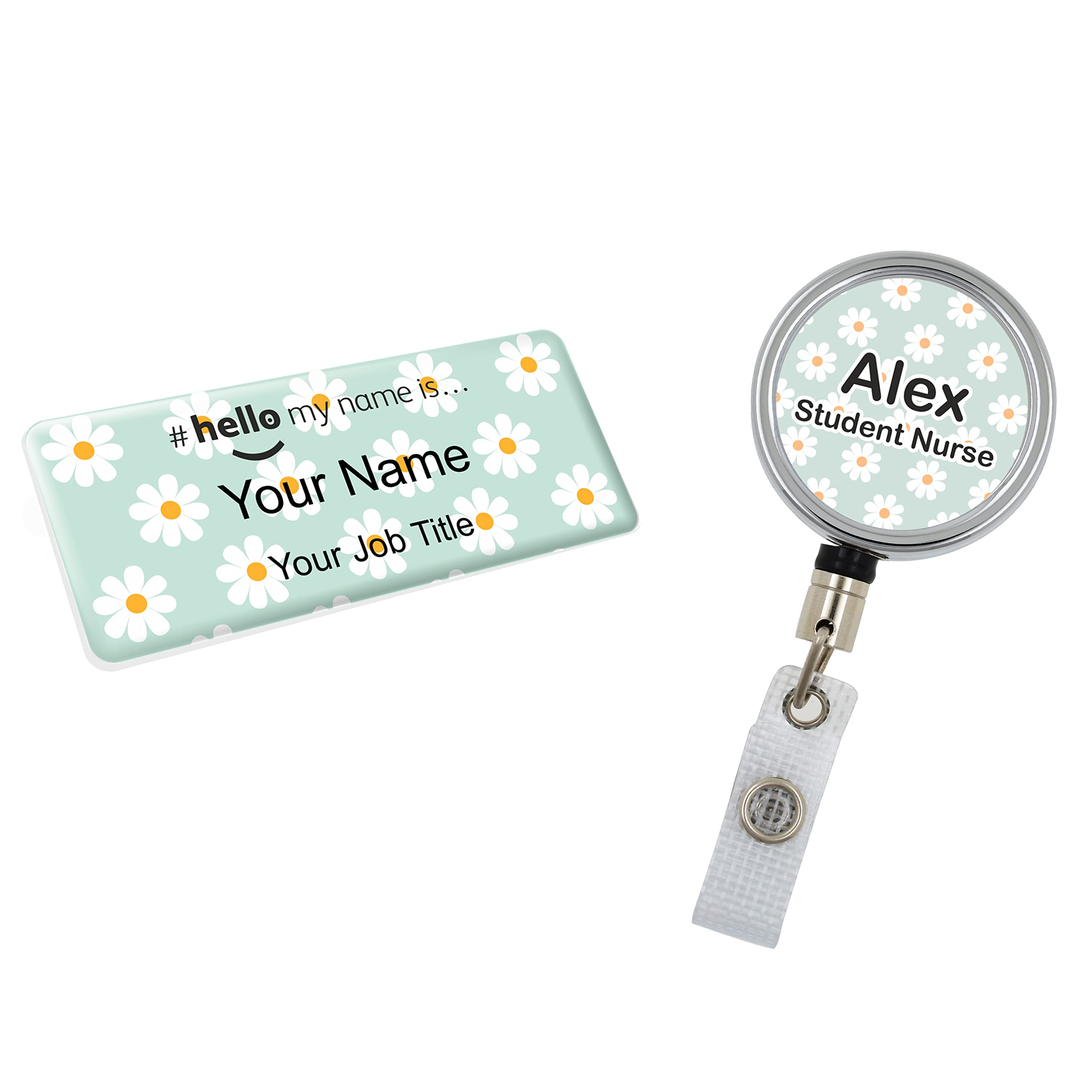 Badgemaster Resin Finish Hello My Name is Name Badge and ID Reel Personalised Rainbow Nurse Midwife Hospital NHS Practitioner Nursery Preschool Green Daisy