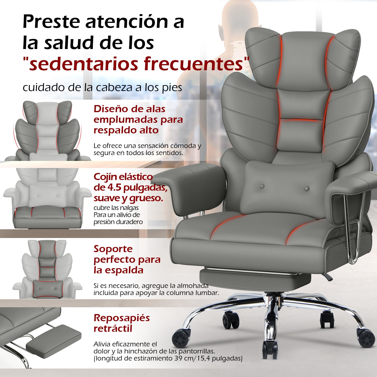 Racingreat Silla de Escritorio ergonómica con reposapiés Extensible,Silla de Oficina Ajustable en Altura,Respaldo Blando Grande,Apoyo Lumbar Individual,Silla de Oficina en Cuero de PU,Gris