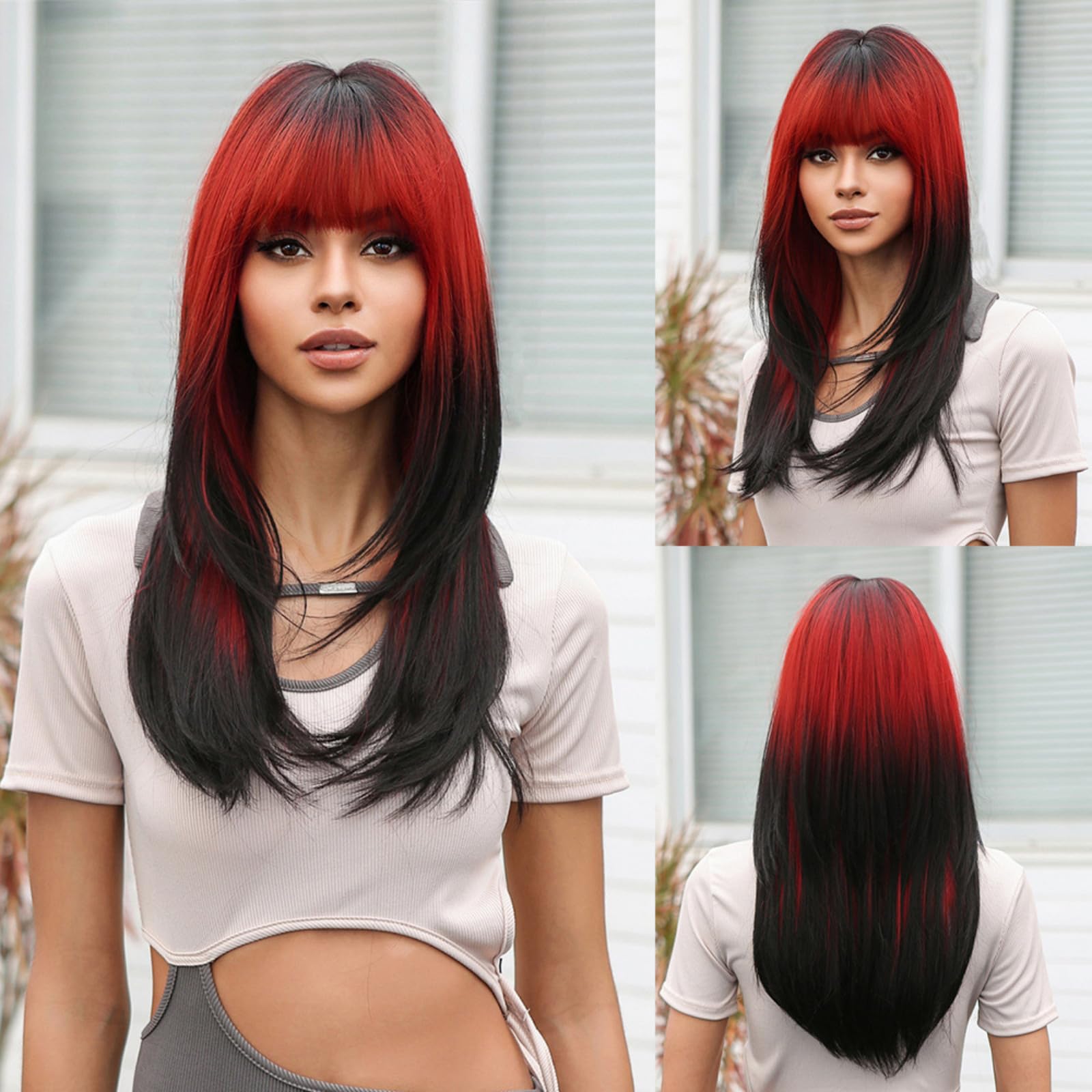 Parrucca Donna Con Frangia Sintetiche Lunga Liscia, Realistiche Naturale Layered Rosa Sfumato Brown Wig Per Cosplay Feste Ogni Giorno Halloween(Red Black)