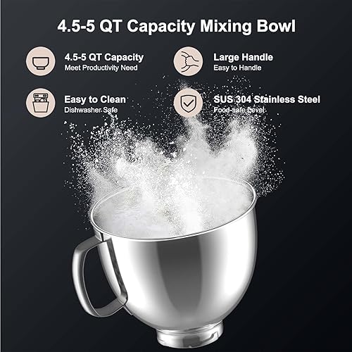 Miniatura 2 de GVODE Tazón de acero inoxidable, se adapta a cabezal inclinable 4.5-5Q para mezcladores de ayuda de cocina, cuencos de acero inoxidable de 5 cuartos