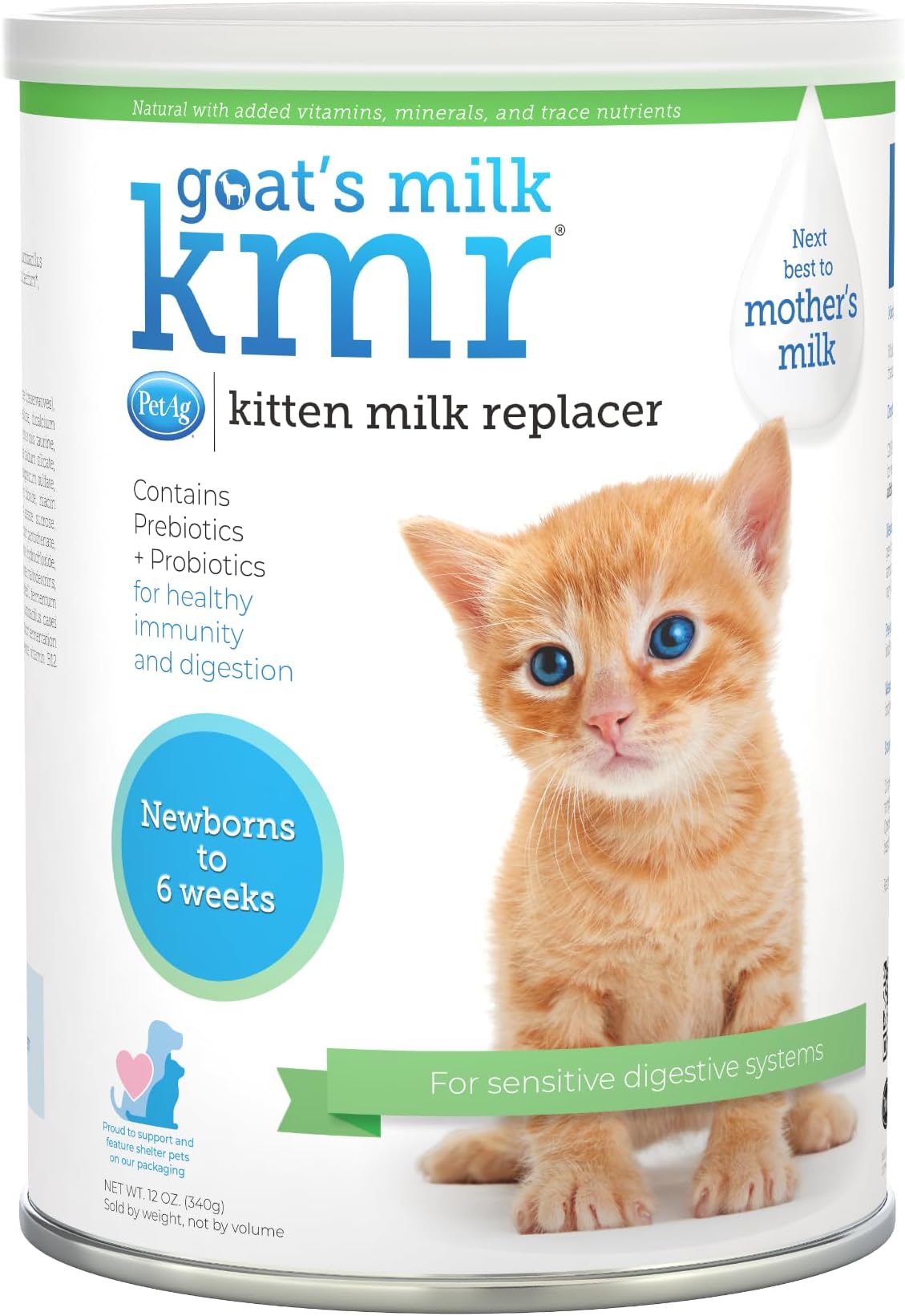Goat’s Milk KMR Kitten Milk Replacer Powder - 12 oz - Powdered Kitten Formula with Prebiotics, Probiotics & Vitamins for Kittens Newborn to Six Weeks Old - Easy to Digest