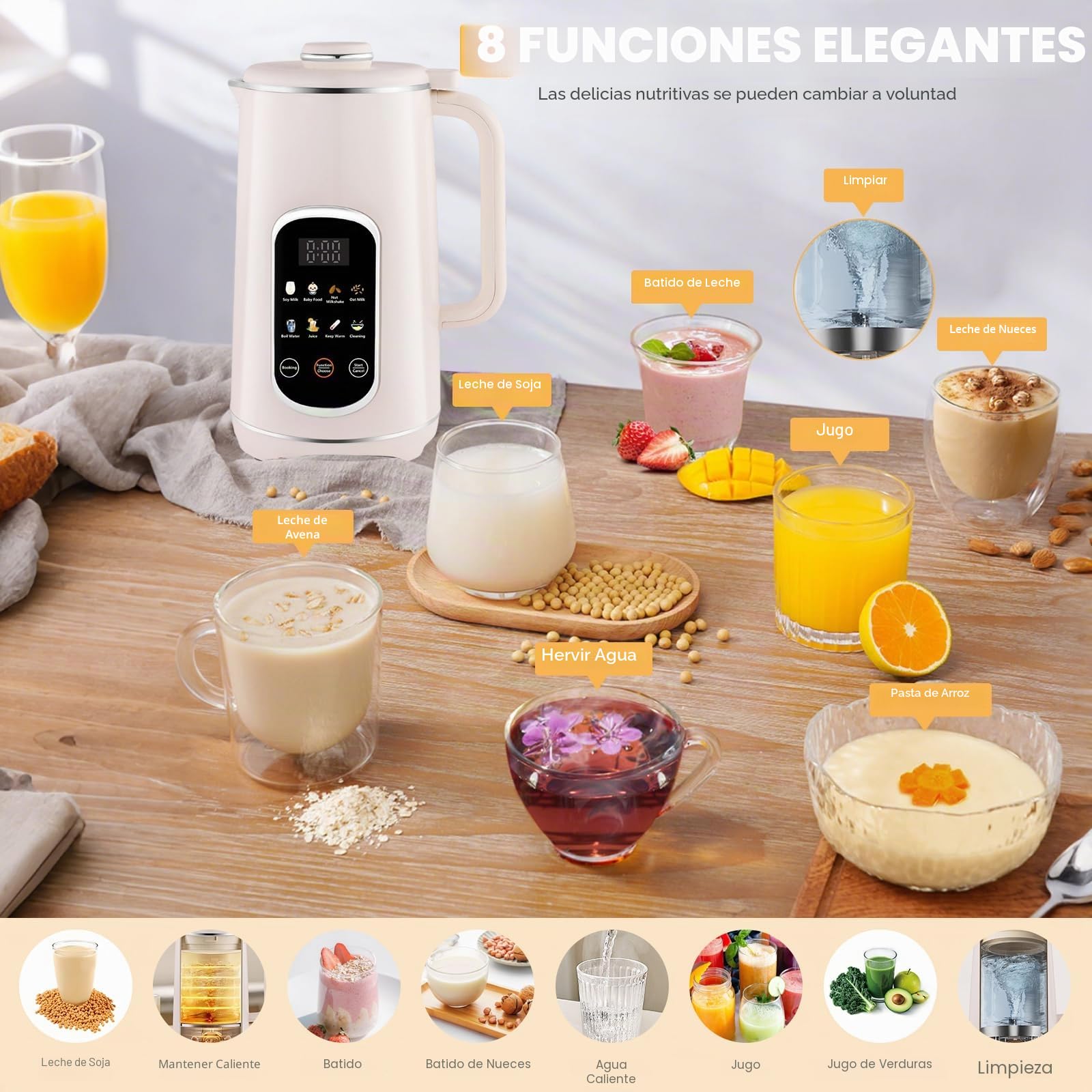Máquina de leche de nuez 8 en 1 con panel táctil icono, máquina de leche vegetal de 1200 ml con autolimpieza, temporizador y función de mantenimiento caliente - Máquina de leche de soja y avena para