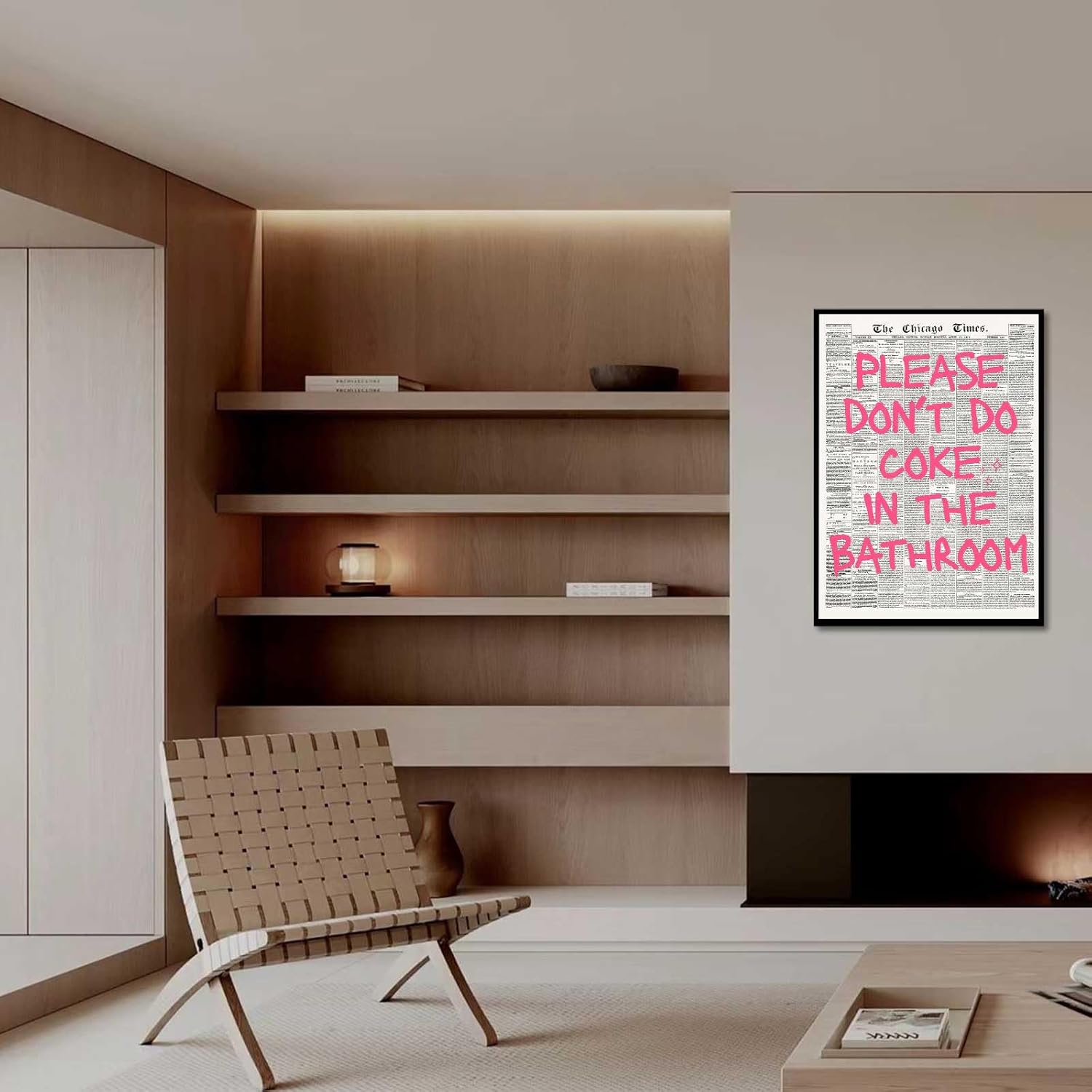 Please Don'T Do Coke In The Bathroom Posters Vintage Newspaper Canvas Wall Art Pink Pretty Prints for Living Room Bedroom Home Wall Decor 12x16in Wframed