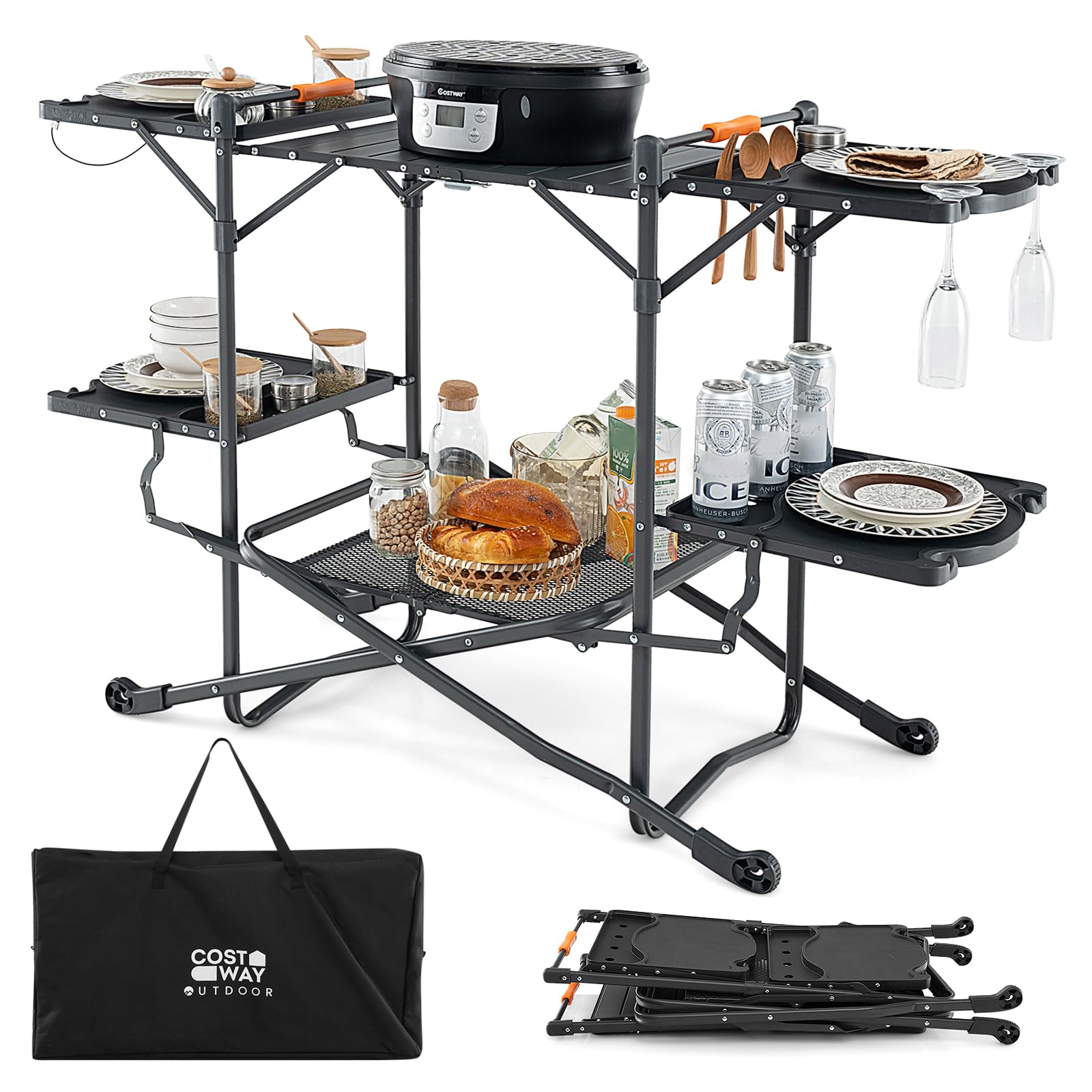 COSTWAY Camping Kitchen Table, Folding Outdoor Cooking Station with 4 Side Tables, Storage Rack, Heat-Resistant Aluminum Tabletop and Carry Bag, Portable Family Camp Table for Picnic BBQ Traveling