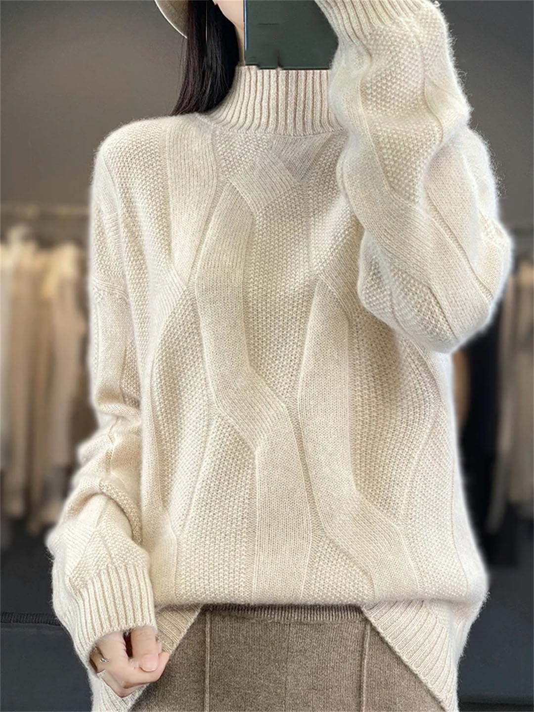 Vogrtcc Suéter De Mujer Trenzado Grueso Otoño Invierno Jersey De Lana Cuello Simulado Prendas De Punto De Cachemira