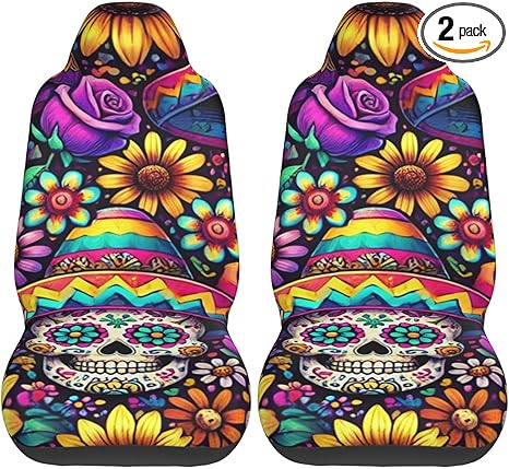 2 Pack Sugar-Skulls-Floral Car Seat Covers, Elastic Automotive Seat Slipcovers, Protects Seats from Stains and Pets, Good for Everyday Use