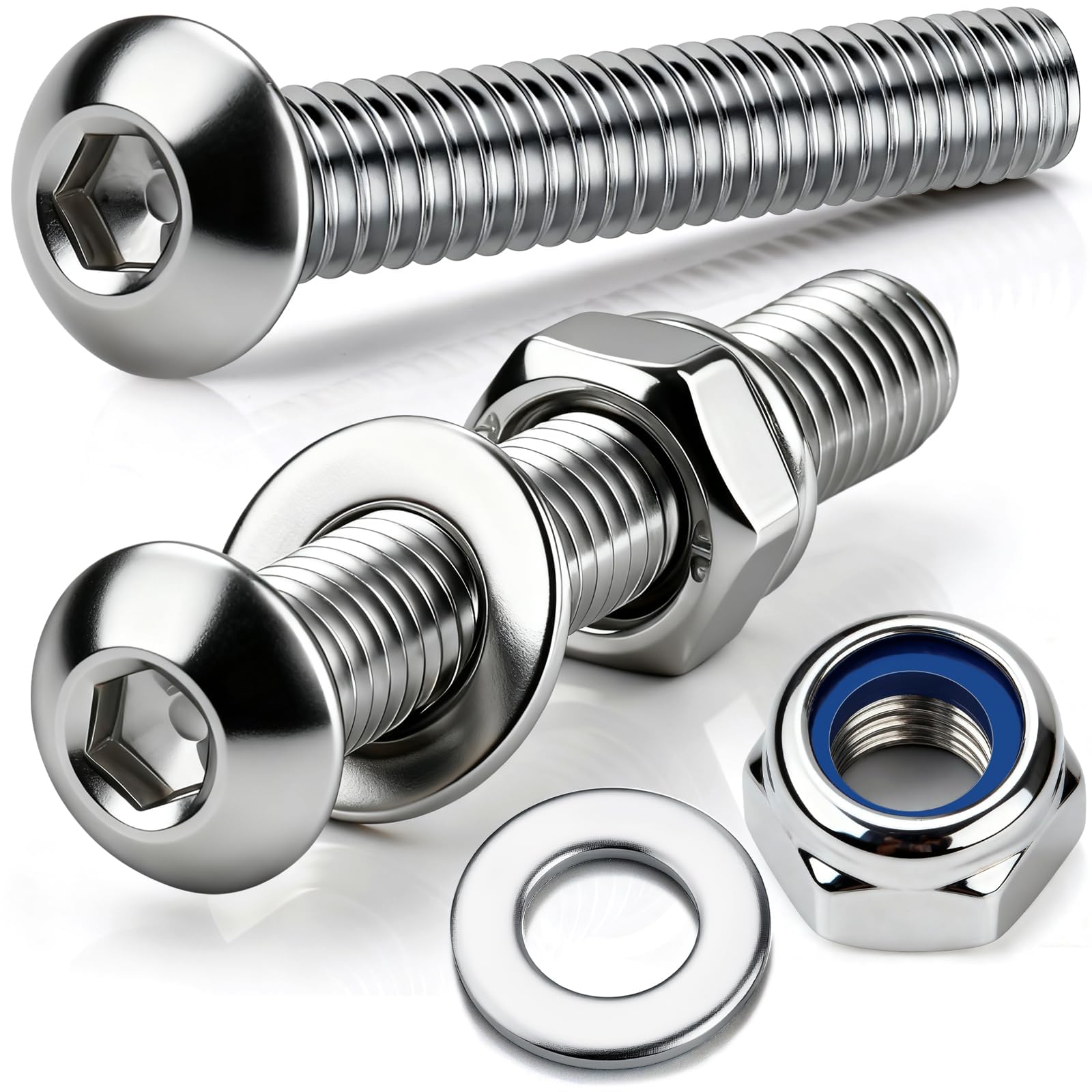 qjuwhua M5 x 20mm Button Head Bolts with Nyloc Nuts and Washers Pack of 15 Fully Threaded Socket 5mm A2 Stainless Steel Bolts and Nuts for Machine Fastener Silver โ image 1