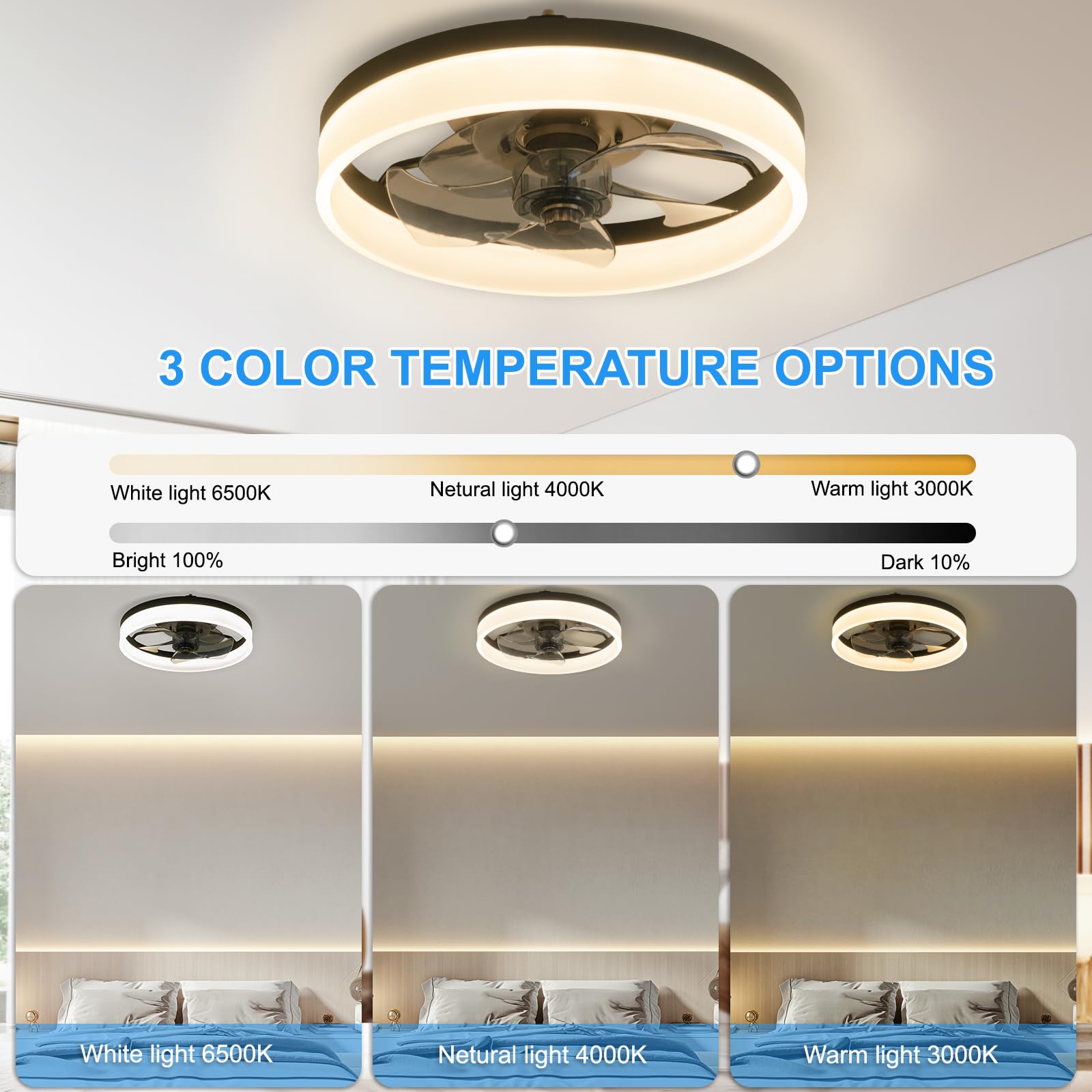 Ceiling Fans with Lights 15.7in, Low Profile Ceiling Fan Flush Mount with Remote, Dimmable LED 3 Color 6 Speeds Timing, Reversible Bladeless Modern Ceiling Fans for Bedroom Living Room,Black