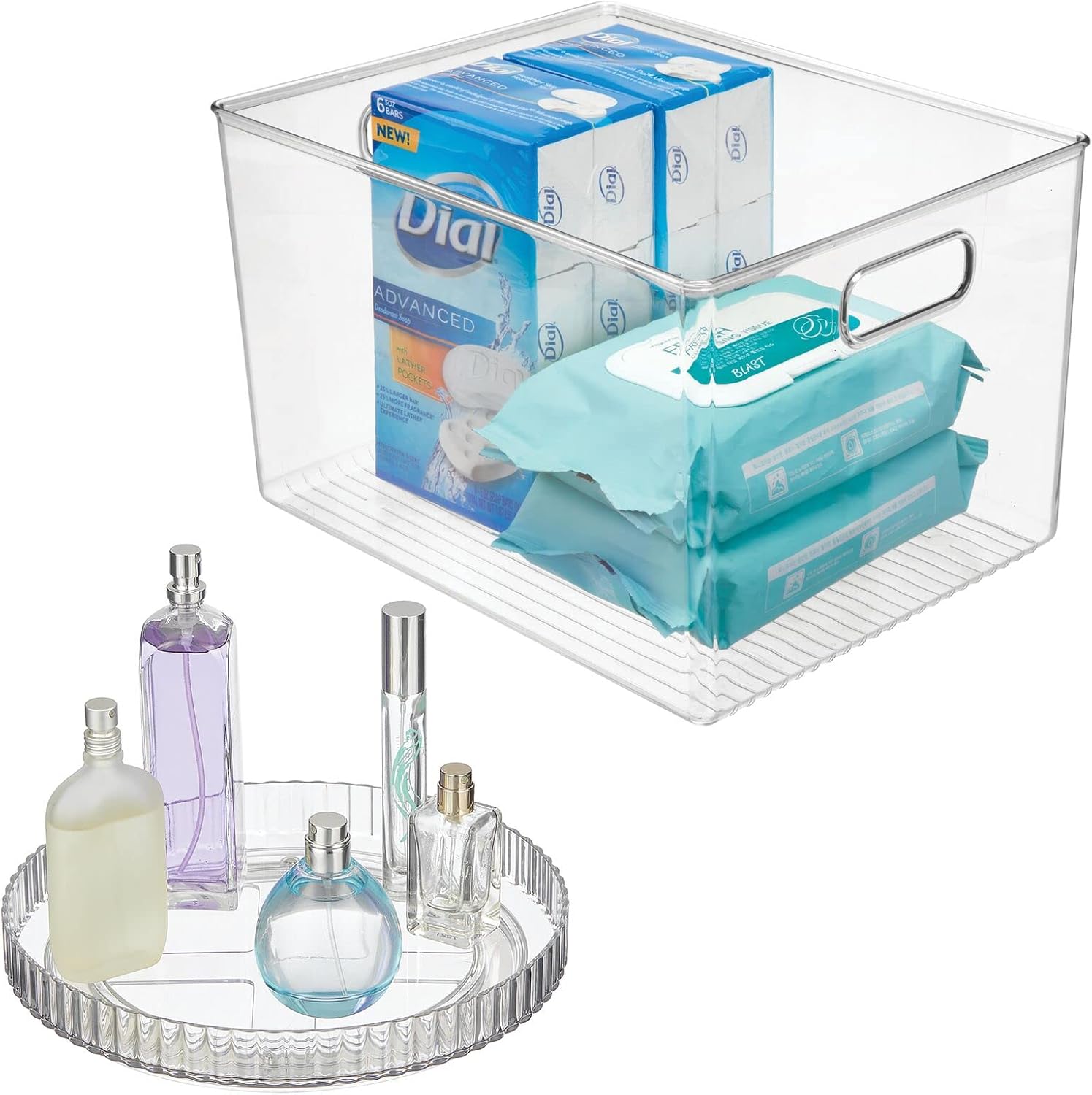 mDesign Large Plastic Stackable Bin with Handles and 9" Round Fluted Lazy Susan