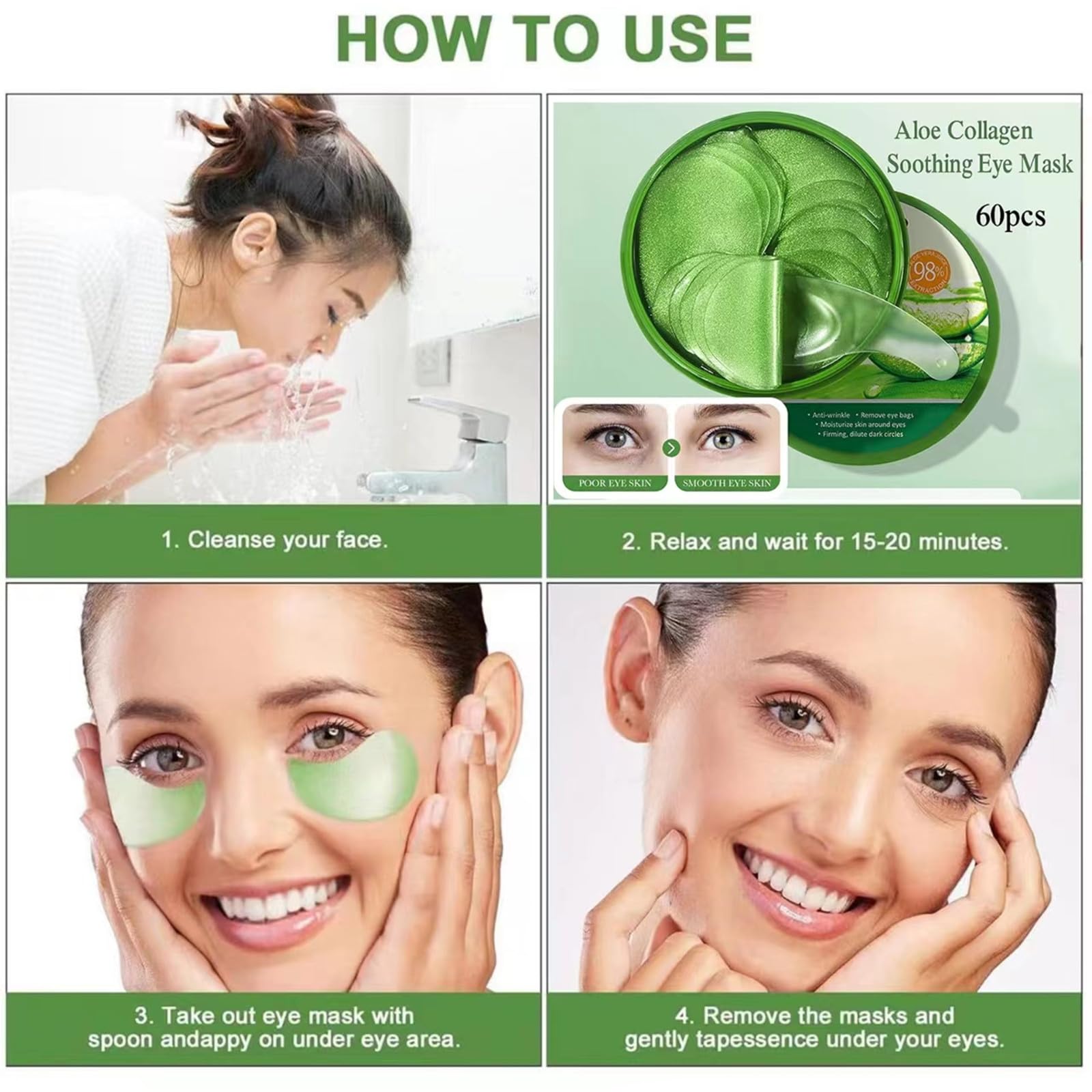 60Pcs Aloe Vera Augenpads,Kollagen Augenpads gegen Augenringe, Hyaluronsäure Augenmaske, Anti Aging,Augenringe Entfernen, Falten, Tränensäcke,Puffiness (Grün)