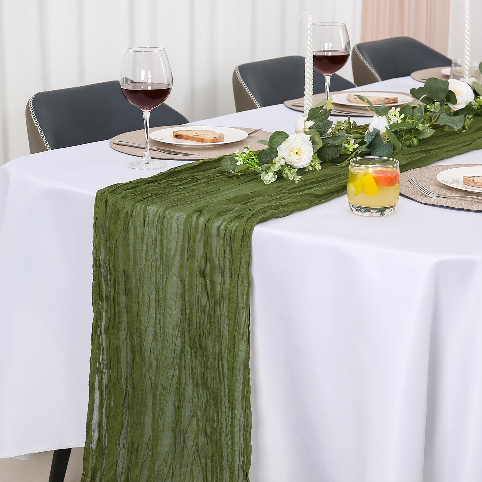 Jumdast käsetuch Tischläufer Boho, Tischläufer Modern Abwaschbar Hochzeit Outdoor Garten Wetterfest Musselin Chiffon Stoff Hochzeitsdeko Taufe Deko Tischdeko (Olivgrün, 90 x 180 cm, 4 Stück)