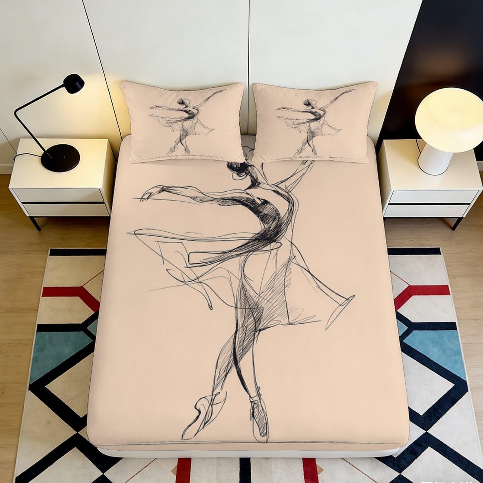 3D Printed Ballet Dancer Fitted Sheet Microfiber Soft Breathable Sketch Art Bed Cover for Bedroom Dormitory Guest Room Mattress Protection Decor 120x200x25cm