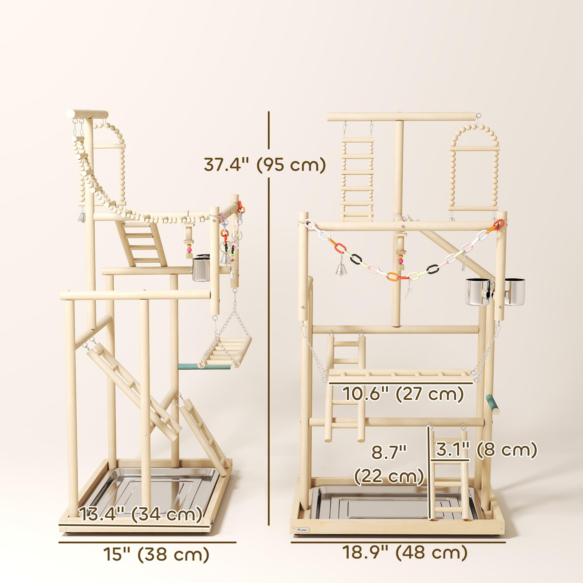 PawHut Bird Playground, 4 Layer Wooden Parrot Play Stand with Ladders, Chain Toy, Stainless Steel Cups and Tray, Bird Cage Accessories for Parakeets, Cockatiels, Finches, Lovebirds, Budgie - image 7
