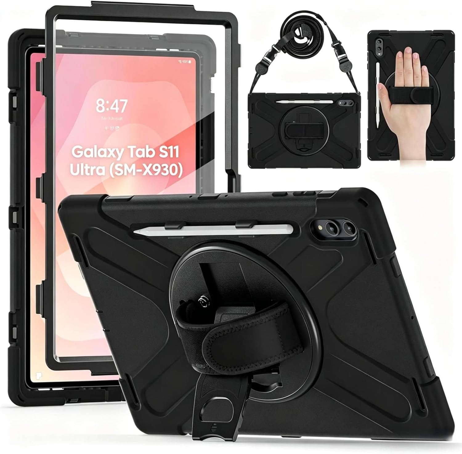 ZenRich Rugged Case for Samsung Galaxy Tab S11 Ultra 2025 14.6 Inch (SM-X930), Heavy Duty Shockproof Tablet Case with Built-in Screen Protector, 360° Rotating Kickstand, Hand Strap, Shoulder Strap