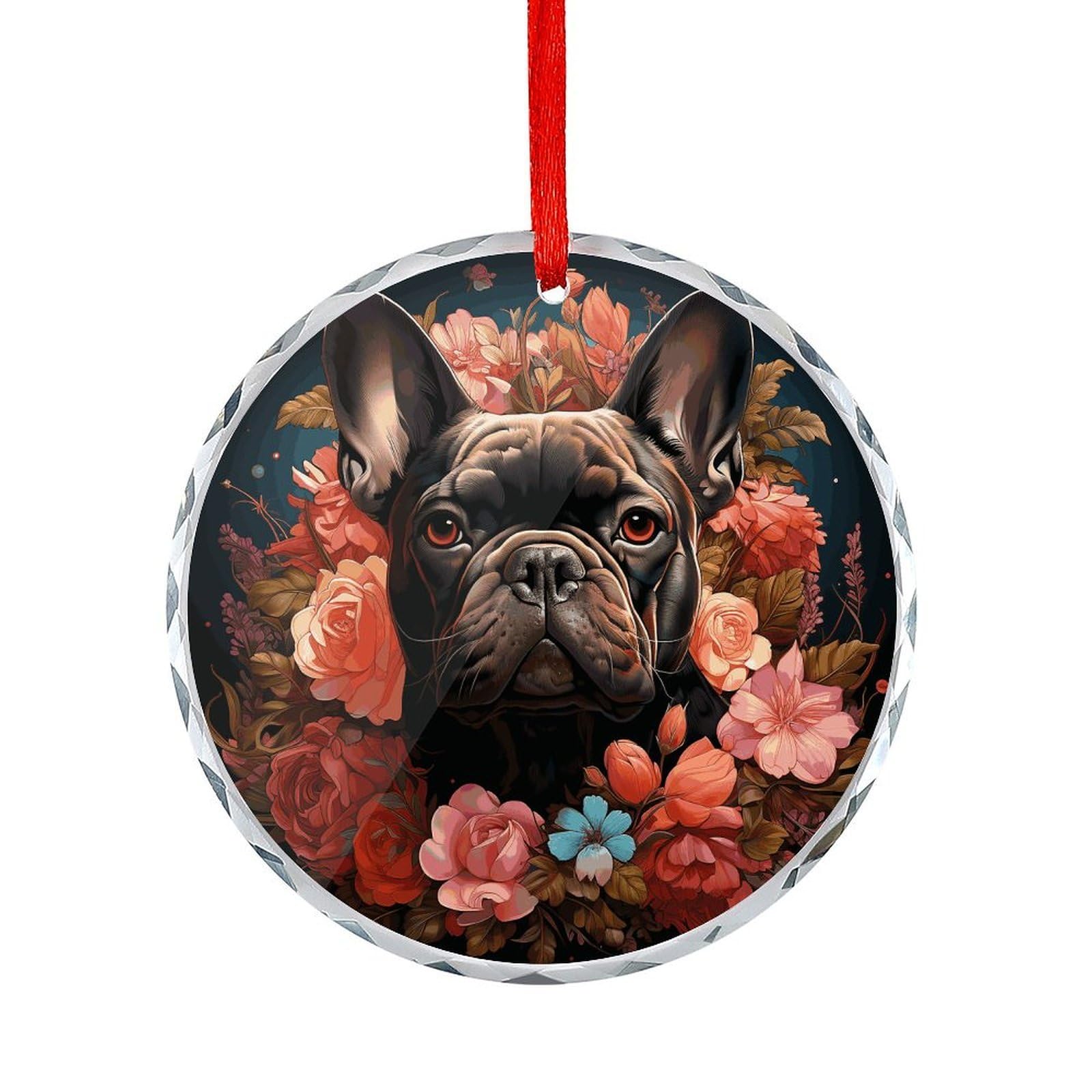 Btcowzrv Style Bulldog And Flowers Round Ornament Hanging Pendant Decor