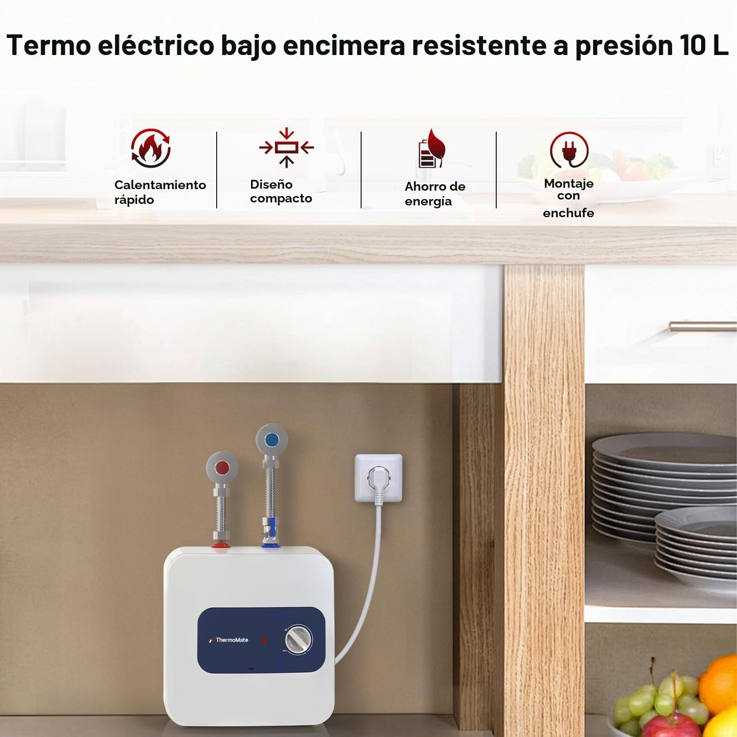 ThermoMate ES10DE Termo eléctrico 10 litros, Calentadores de agua eléctricos bajo fregadero, Diseño compacto, enchufar y usar, 2000W