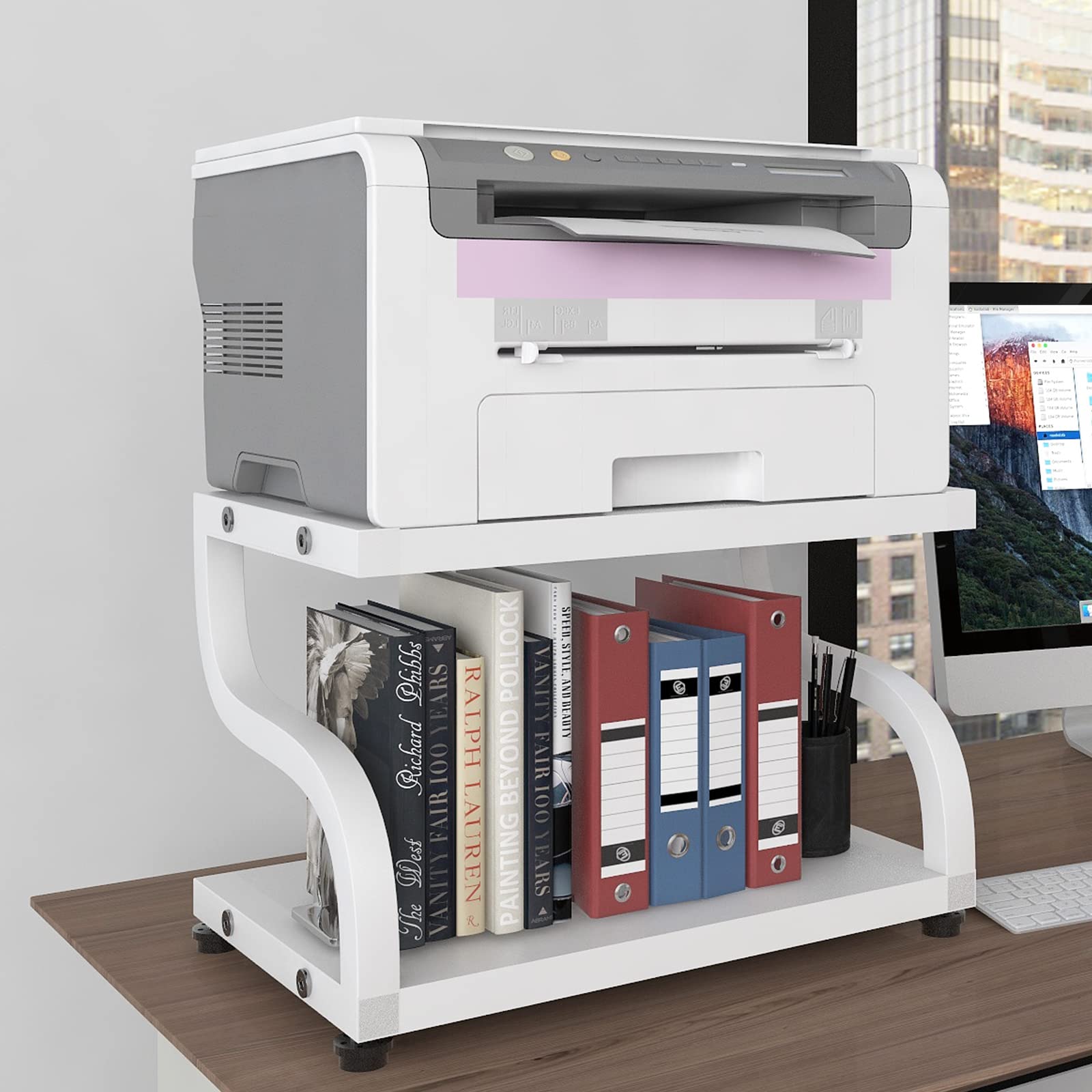 PUNCIA Supporto per Stampante da Tavoloa 2 Livelli 44x28x30CM Porta Stampante Tavolo da Lavoro Antiscivolo per Organizer da Tavolo,Vassoio a due Livelli per Forno a Microonde Bianco