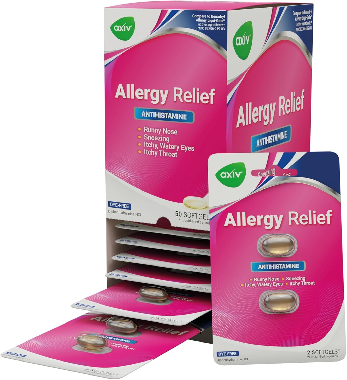 AXIV Allergy Relief Softgels, Antihistamine Medicine & Cold Symptom Relief, Dye-Free Liquid Gels, 25 mg Diphenhydramine HCl, Runny Nose, Sneezing, 25 Blister Packs (2 Softgels Each, 50 Total)