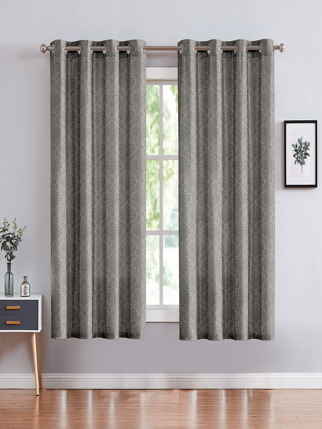 Cortina Embossed Damask Design Window Curtain | Drapes for Home, Bedroom, Guest Rooms, Office Rooms | Balances Room Temperature | Streachable | Polyester | Room-Darkening | Pack of 2 | 5Ft | Grey 2 discount deal