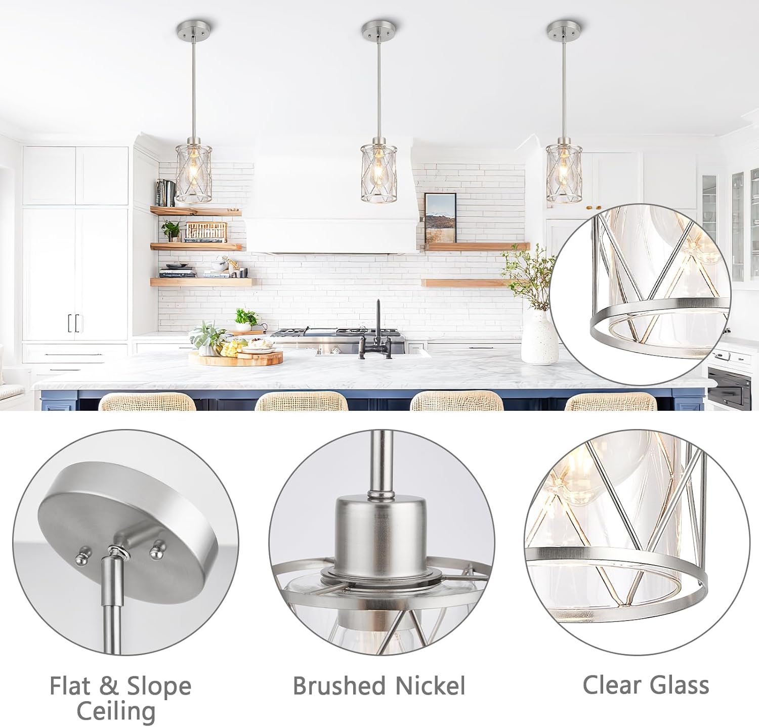 Refice Glass Pendant Lights Kitchen Island, Brushed Nickel Kitchen Hanging Light with Clear Glass, Farmhouse Cage Mini Pendant Lighting for Sink Dining Room Bedroom Bar, 2 Pack