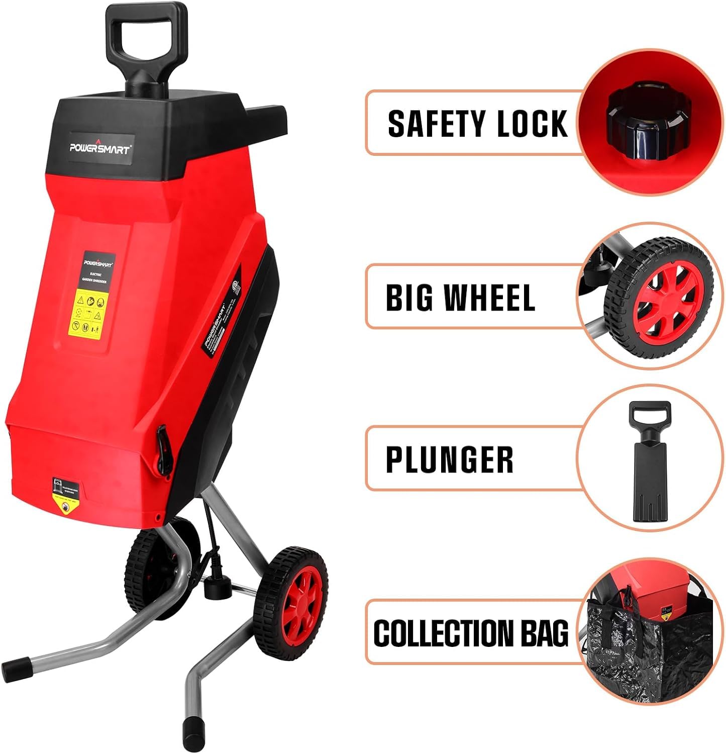 PowerSmart Trituradora eléctrica de madera con cable de 120 V 15 A, trituradoras con capacidad de rama de 45 mm, bolsa de colección para jardín