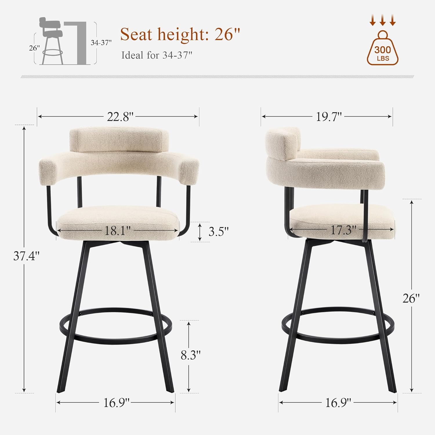 26’’ Swivel Counter Height Stools with Round Back, Fabric Upholstered Bar Stools with Metal Legs, Armrest, Modern Counter Stools for Kitchen Island, Dining Room (Beige, Set of 2)
