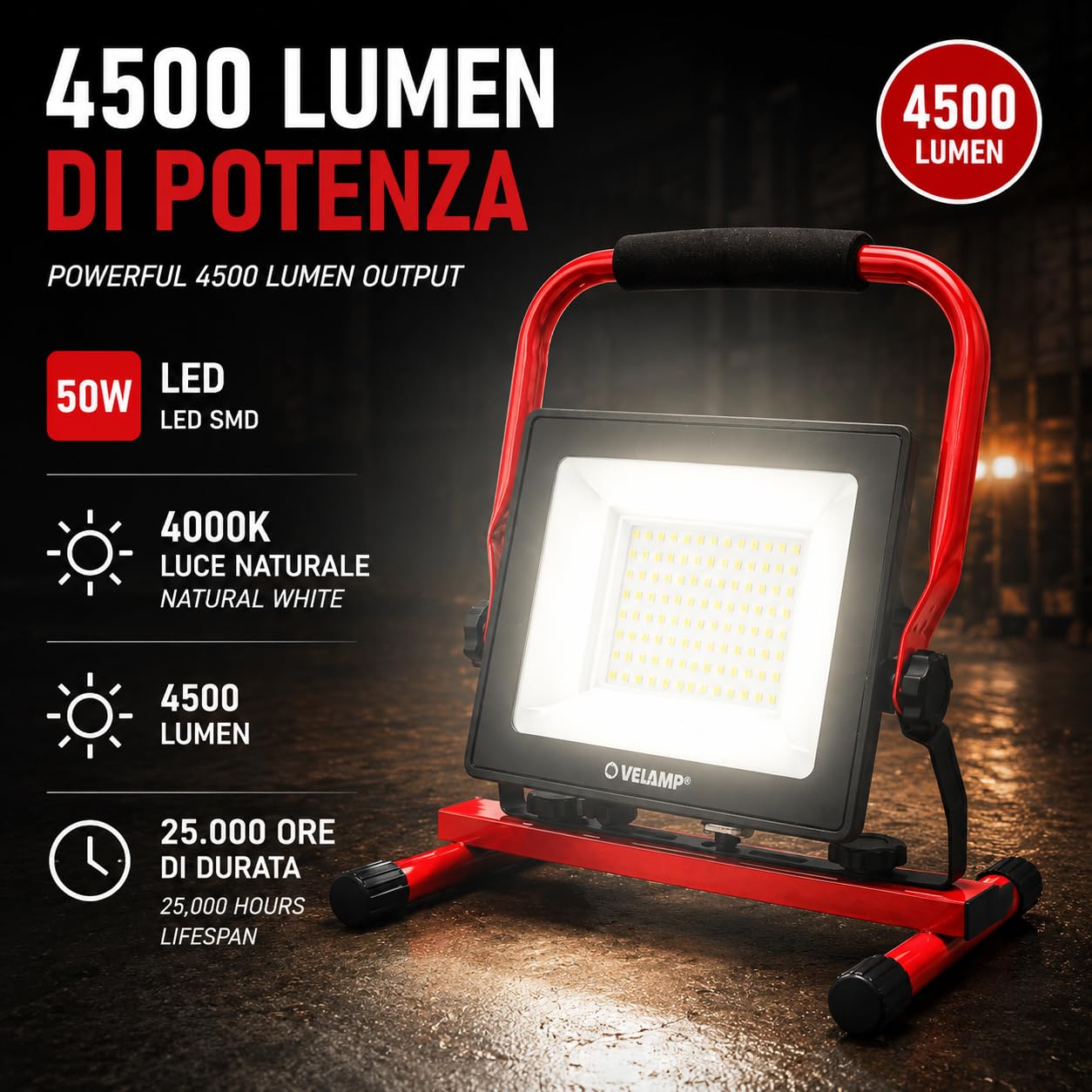 Reflektor budowlany LED o mocy 4500 lm (50 W); lampa robocza z kablem 2 m; wodoodporny IP65, z regulowaną podstawą i łatwy w transporcie. Naturalne światło o barwie 4000 K. Idealny do pracy, na