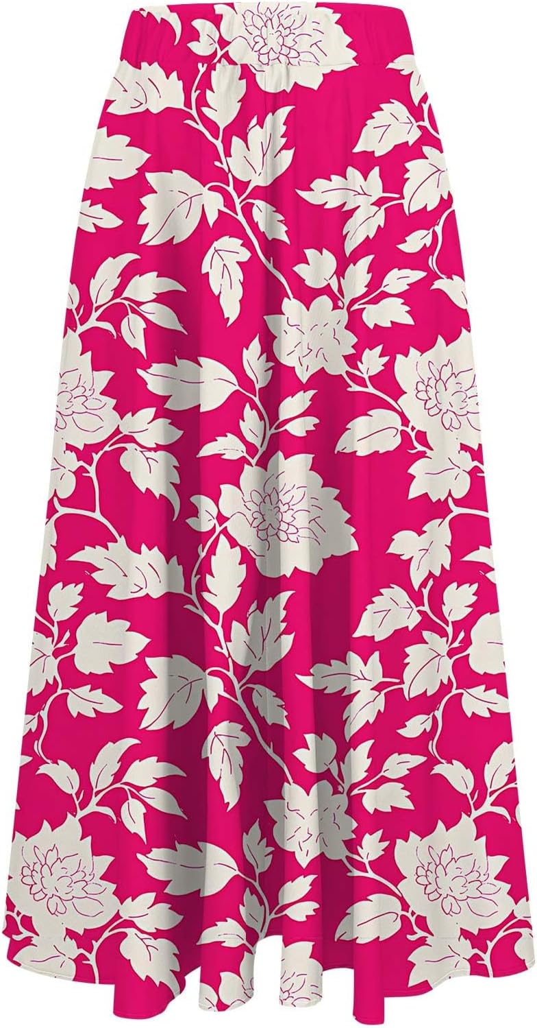 Size Medium Long Skirts for Women High Elastic Waist Boho Flowy Midi Skirt Casual Summer Floral Pleated A Line Boho Cute Skirts