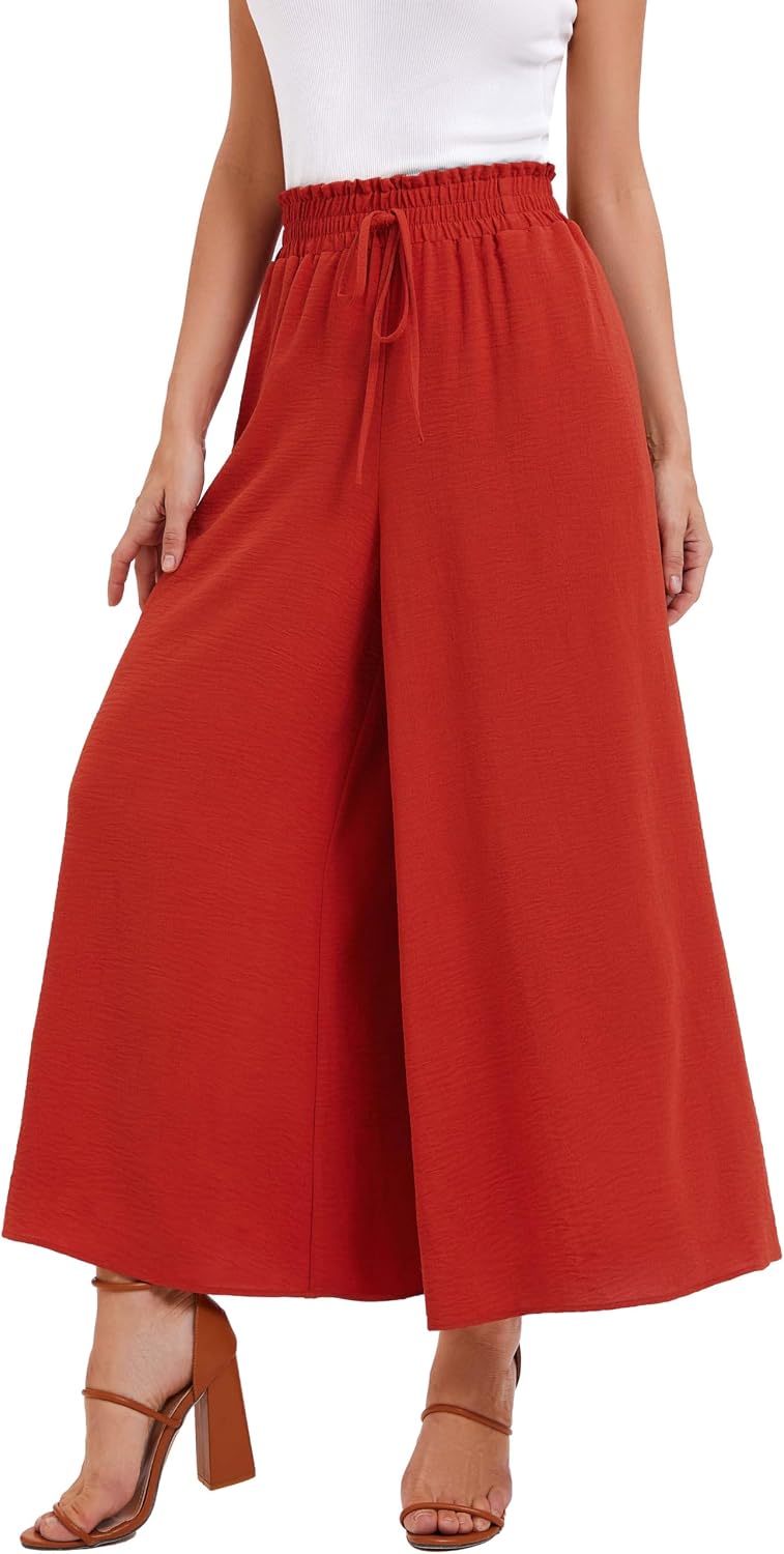 Summer Trousers Women's Lightweight Casual Palazzo Trousers Elegant High Waist Baggy Casual Trousers with 2 Pockets A02 Red Brown S