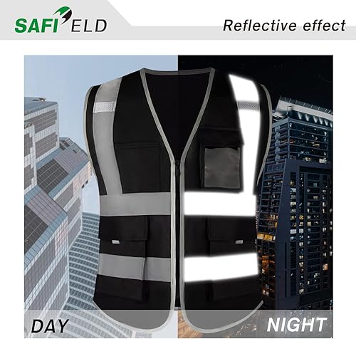 Miniatura 4 de Chaleco de trabajo reflectante de seguridad, paquete de 6 para hombres y mujeres, con 8 bolsillos y cremallera, ropa exterior de construcción de