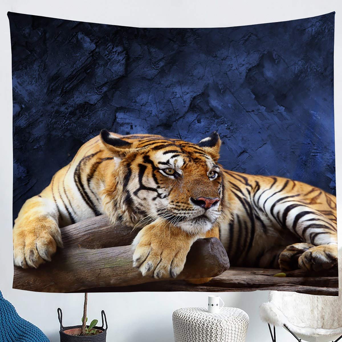Tiger - Arazzo da parete con tema animali selvatici, per uomini, ragazzi, animali selvatici, decorazione da parete per bambini, colore giallo blu, decorazione da parete per camera da letto