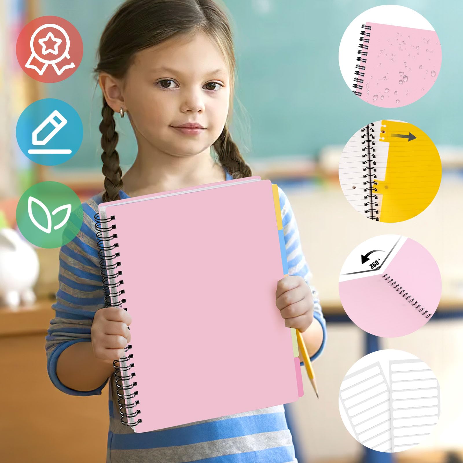 Koogel Pink Spiral Notebook 5 Subject with Tabs, 200 Pages College Ruled Perforated & 3-Hole Punched - Image 3