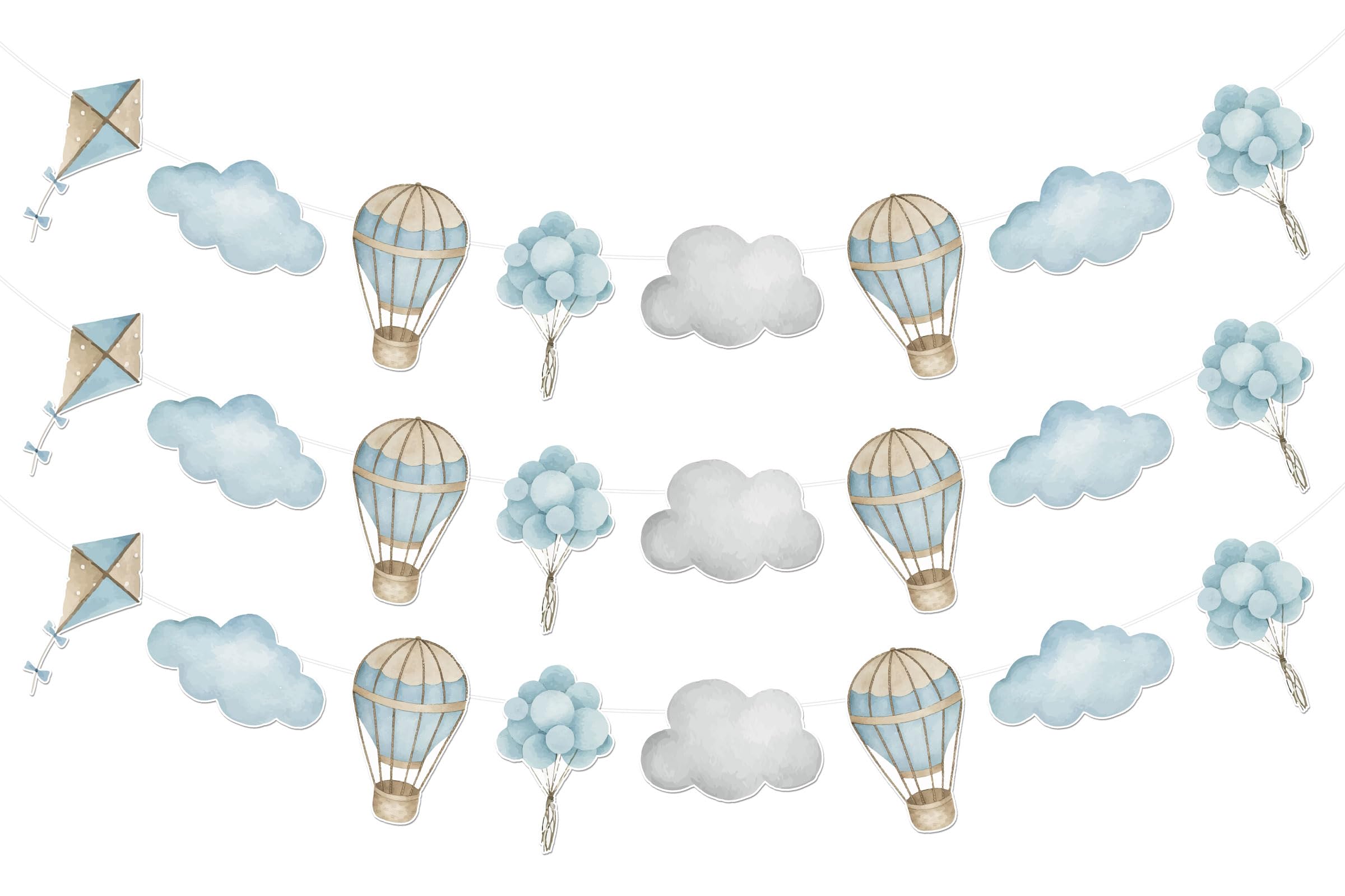 Hot Air Balloon Banner Blue Adventure Awaits Baby Shower Decorations 3Pcs Travel Adventure Garland Clouds Hot Air Balloons Hanging Banner Birthday Supplies