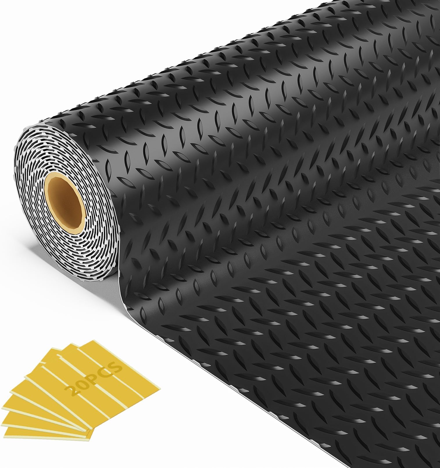 8x25 FT Garage Floor Mat, 2.8mm Thickened Flooring Roll for Under Car Diamond Plate PVC Rubber Mat with 20 Pcs Tapes, Non-Slip Floor Mat for Garage, Warehouse, Gyms, Trailer, Black