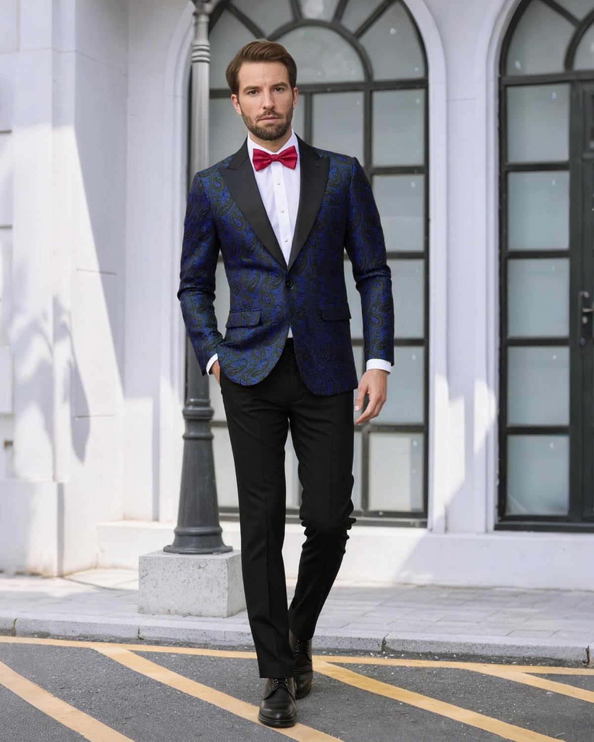 YND Mens Floral Suit Blazer, Slim Fit Paisley Tuxedo Jacket, Shawl Lapel with Bow Tie for Prom, Dinner, Wedding, Party