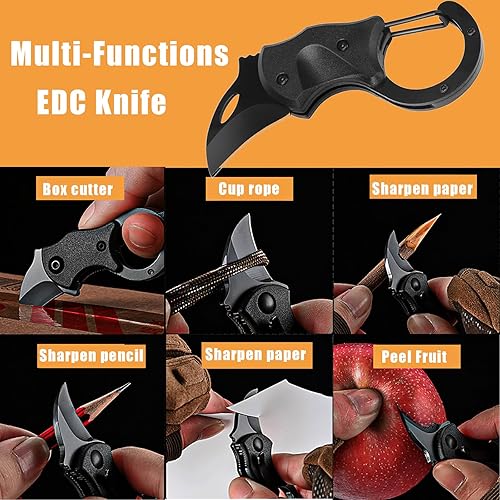 Miniatura 5 de Kreomitxt Pequeño cuchillo plegable de bolsillo para hombres, cuchillo EDC con diseño de mosquetón y hoja de acero inoxidable, mini cuchillos,