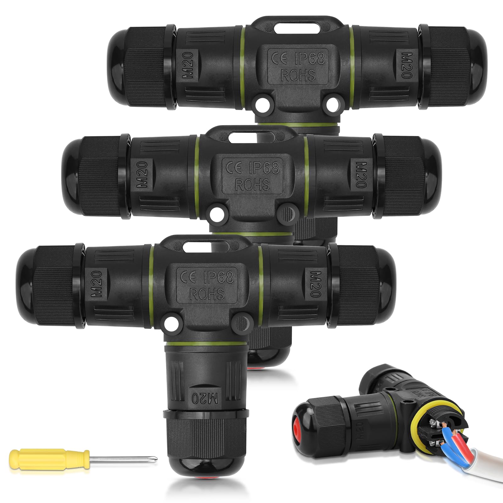 3 Pieces Junction Box, Waterproof T-shaped Cable Connector, 3 Way Outdoor Cable Protector for Diameter 3-12 mm Cable, with a Screwdriver