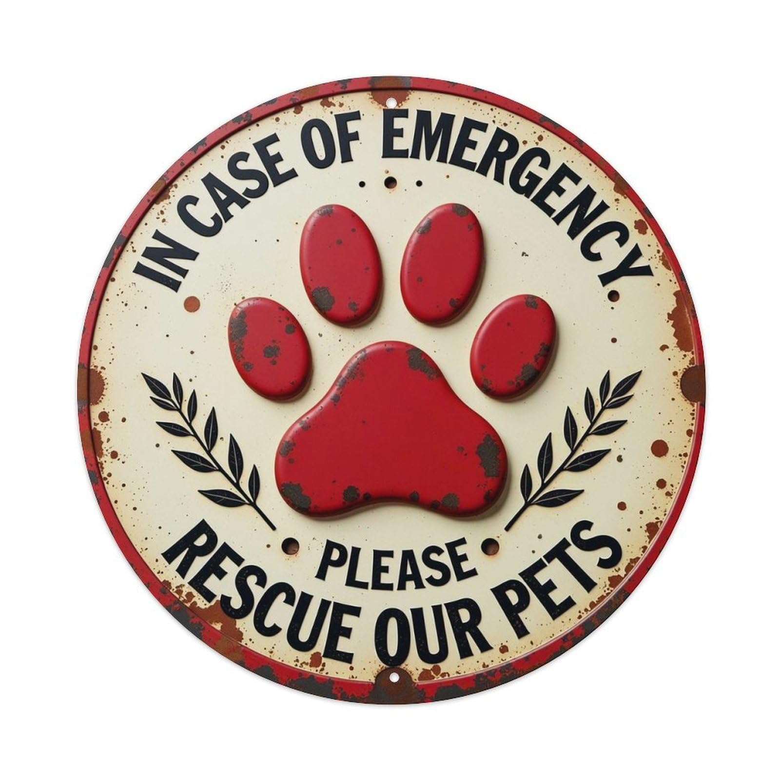 In Case Of Emergency Please Rescue Our Pets Red Paw Print Black Leaves Rust Spots Round Metal Tin Sign Vintage Wall Decor, Bar Garage Cafe Kitchen Home Wall Art Poster 8x8inches