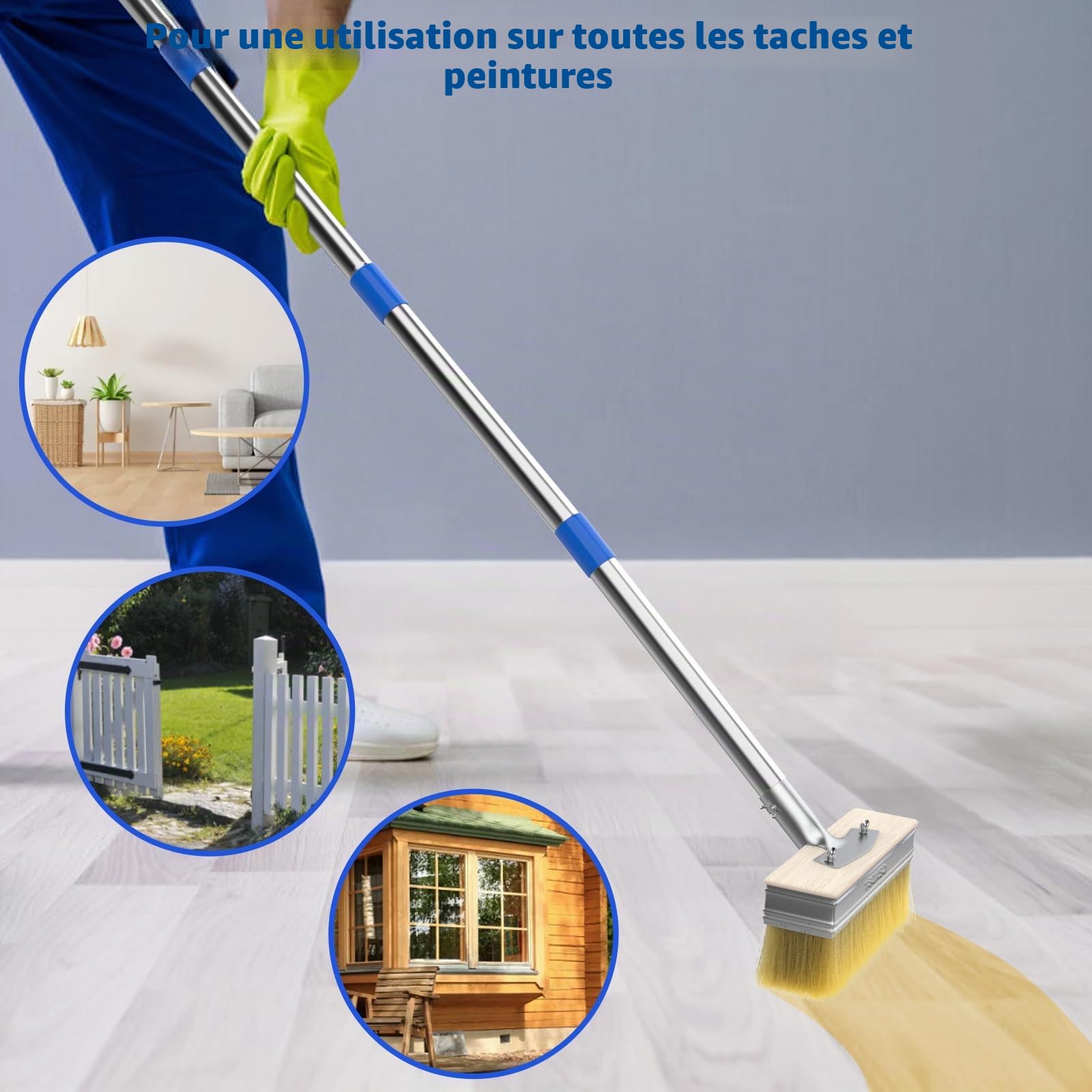 Pinceau de peinture pour terrasse avec manche long de 139,7 cm et 2 têtes de pinceau de 18,1 cm, grand applicateur de teinture pour terrasse pour murs, planchers en bois, teintures pour bois