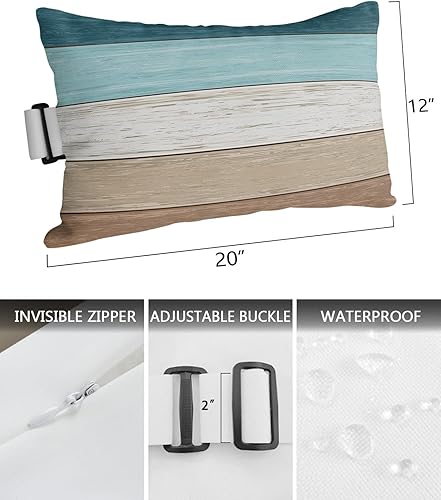 Miniatura 3 de Paquete de 4 fundas de almohada para exteriores, color verde azulado, color marrón, impermeables, con banda elástica, funda de cojín lumbar con