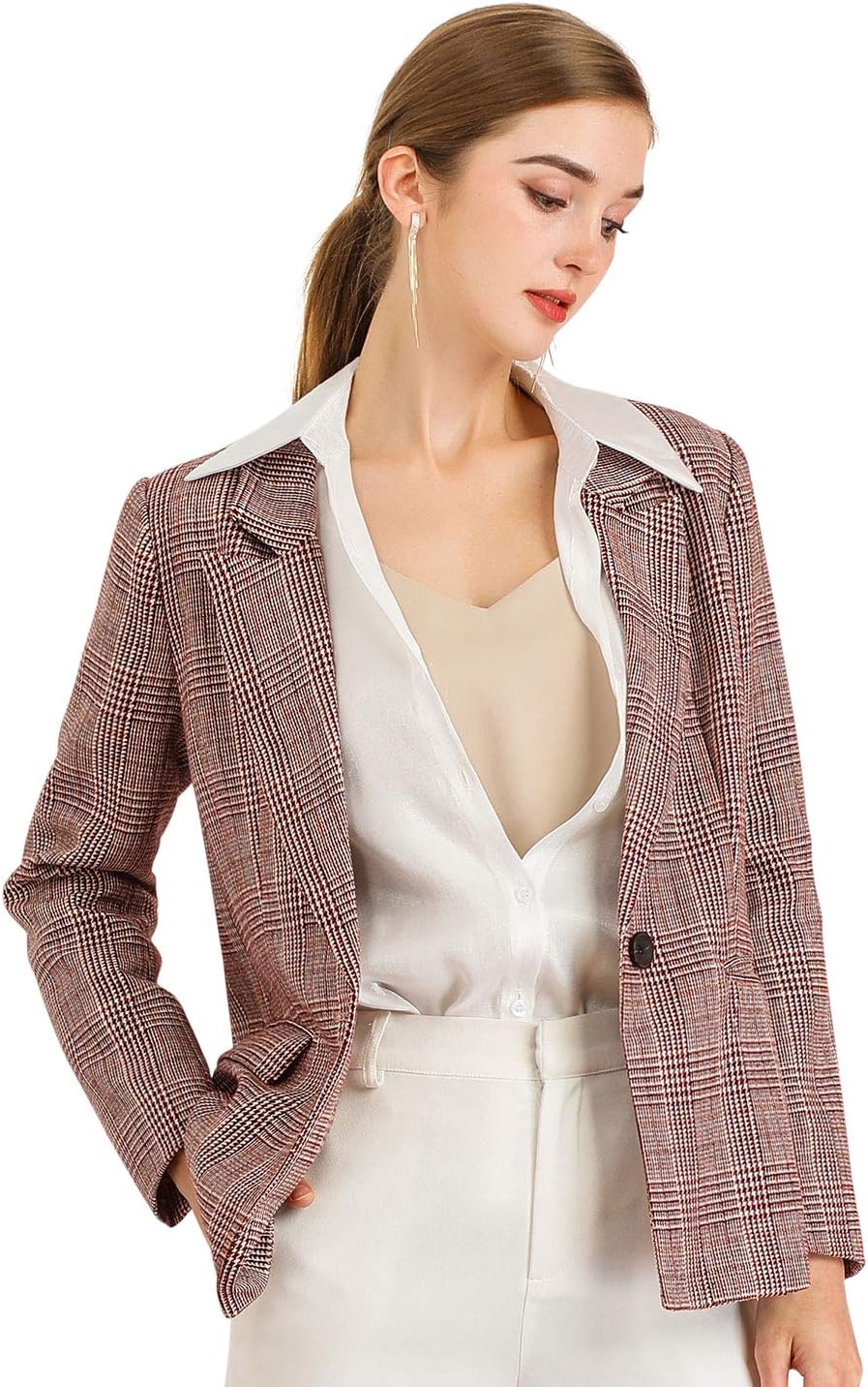 Allegra K Women's Notched Lapel One Button Boyfriend Blazer Suit Houndstooth Work Office Blazers Jacket