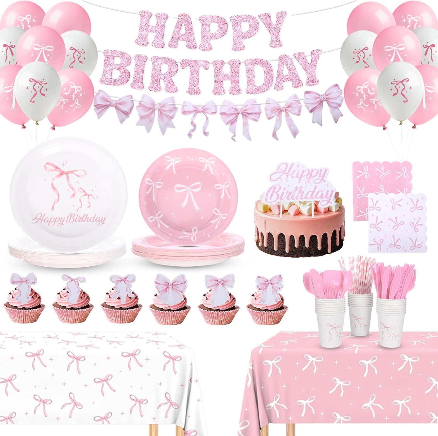 256 PCS Pink Bow Birthday Party Supplies Serve 24,Birthday Decorations Include Paper Plates Napkins Tablecloth Cups Banner Cake Topper for Bachelorette Party Decorations No Assembly Required